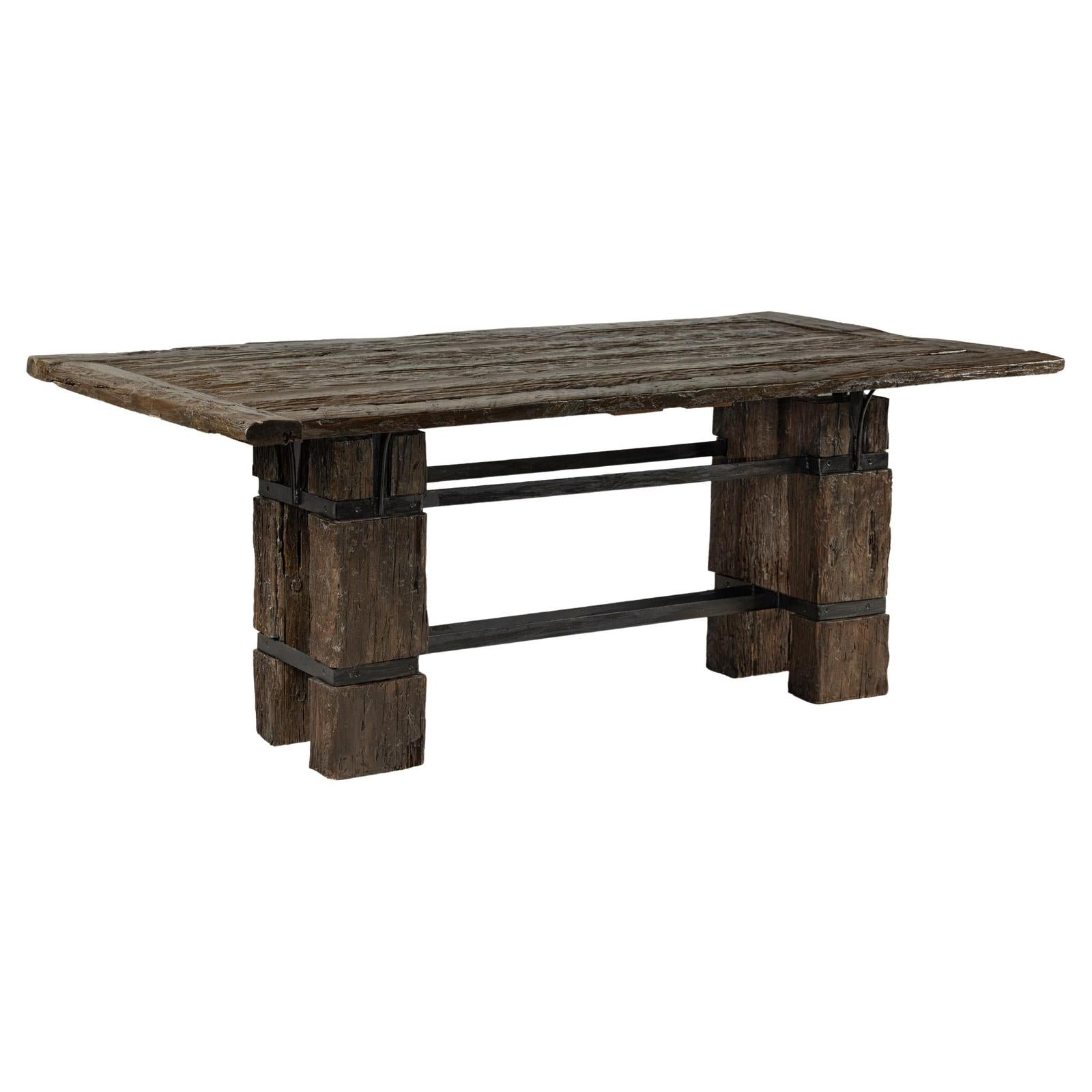 Vintage Rustic Reclaimed Teak Table with Distressed Top and Metal Base-1. Asian & Chinese Furniture, Art, Antiques, Vintage Home Décor for sale at FEA Home