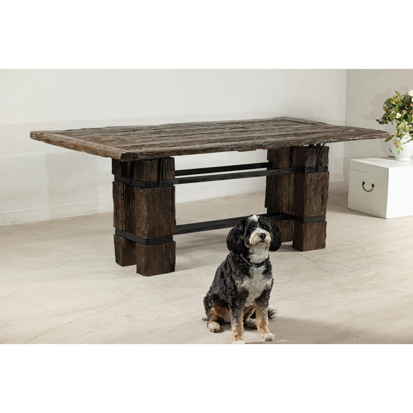 Vintage Rustic Reclaimed Teak Table with Distressed Top and Metal Base-10. Asian &amp; Chinese Furniture, Art, Antiques, Vintage Home Décor for sale at FEA Home