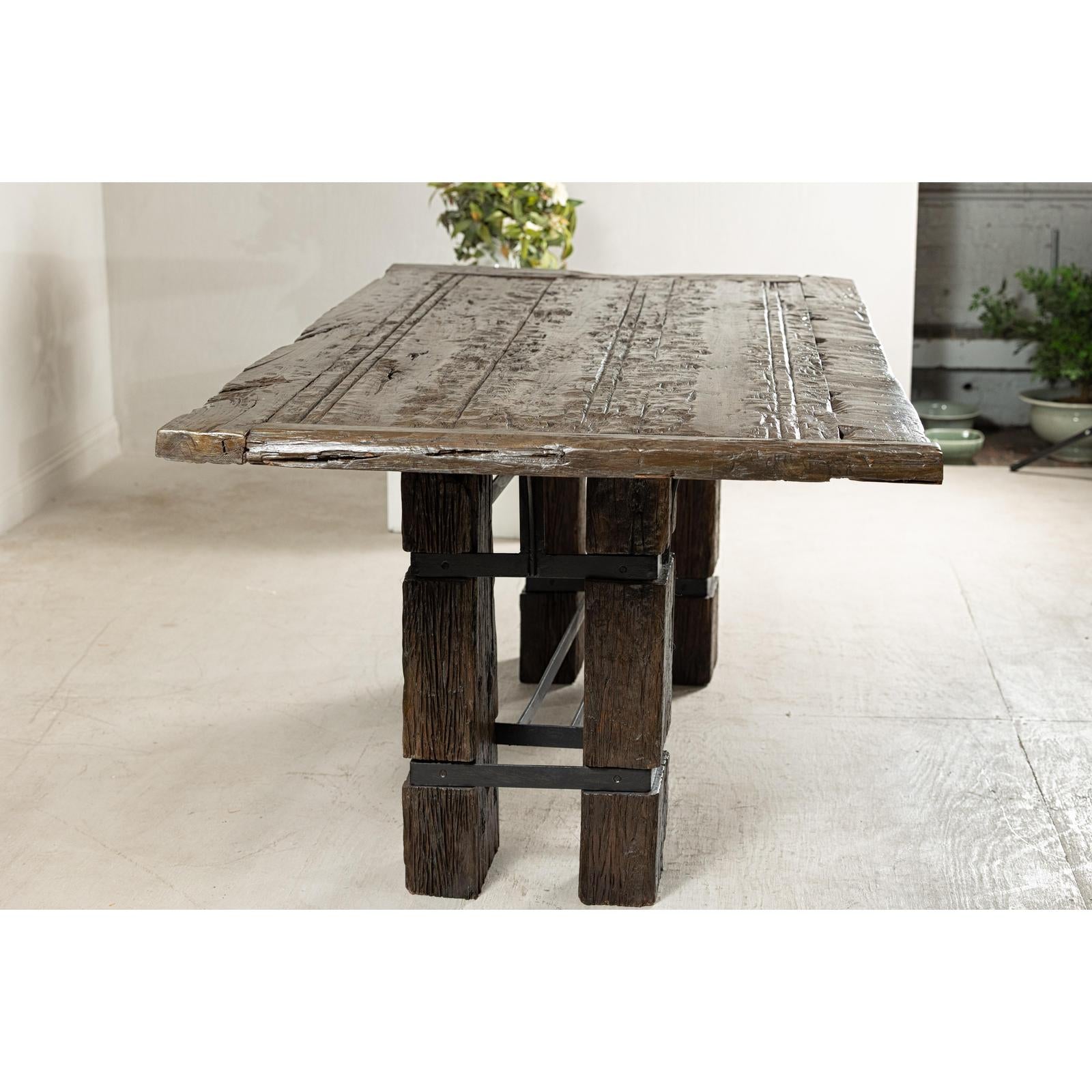 Vintage Rustic Reclaimed Teak Table with Distressed Top and Metal Base-11. Asian &amp; Chinese Furniture, Art, Antiques, Vintage Home Décor for sale at FEA Home