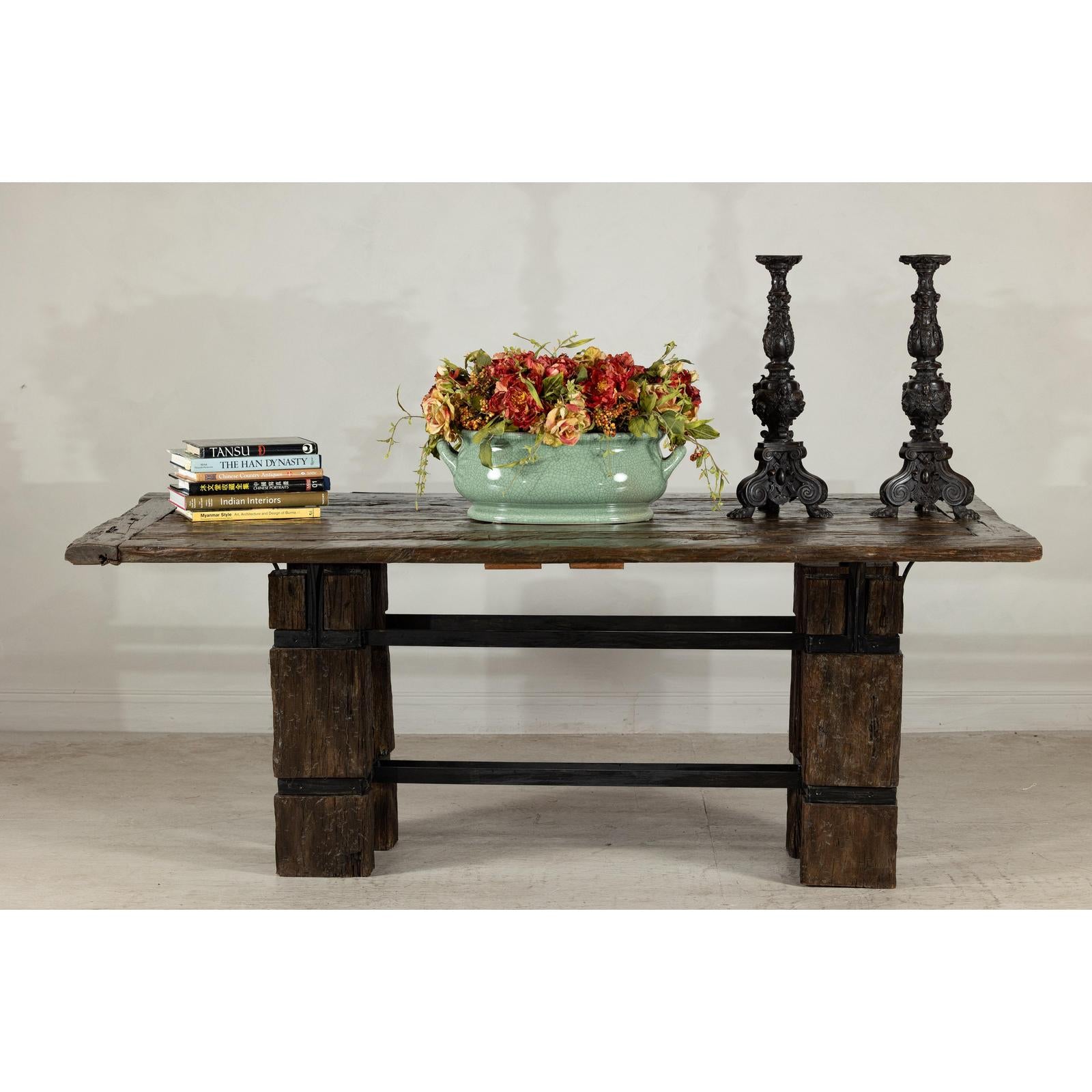Vintage Rustic Reclaimed Teak Table with Distressed Top and Metal Base-12. Asian &amp; Chinese Furniture, Art, Antiques, Vintage Home Décor for sale at FEA Home