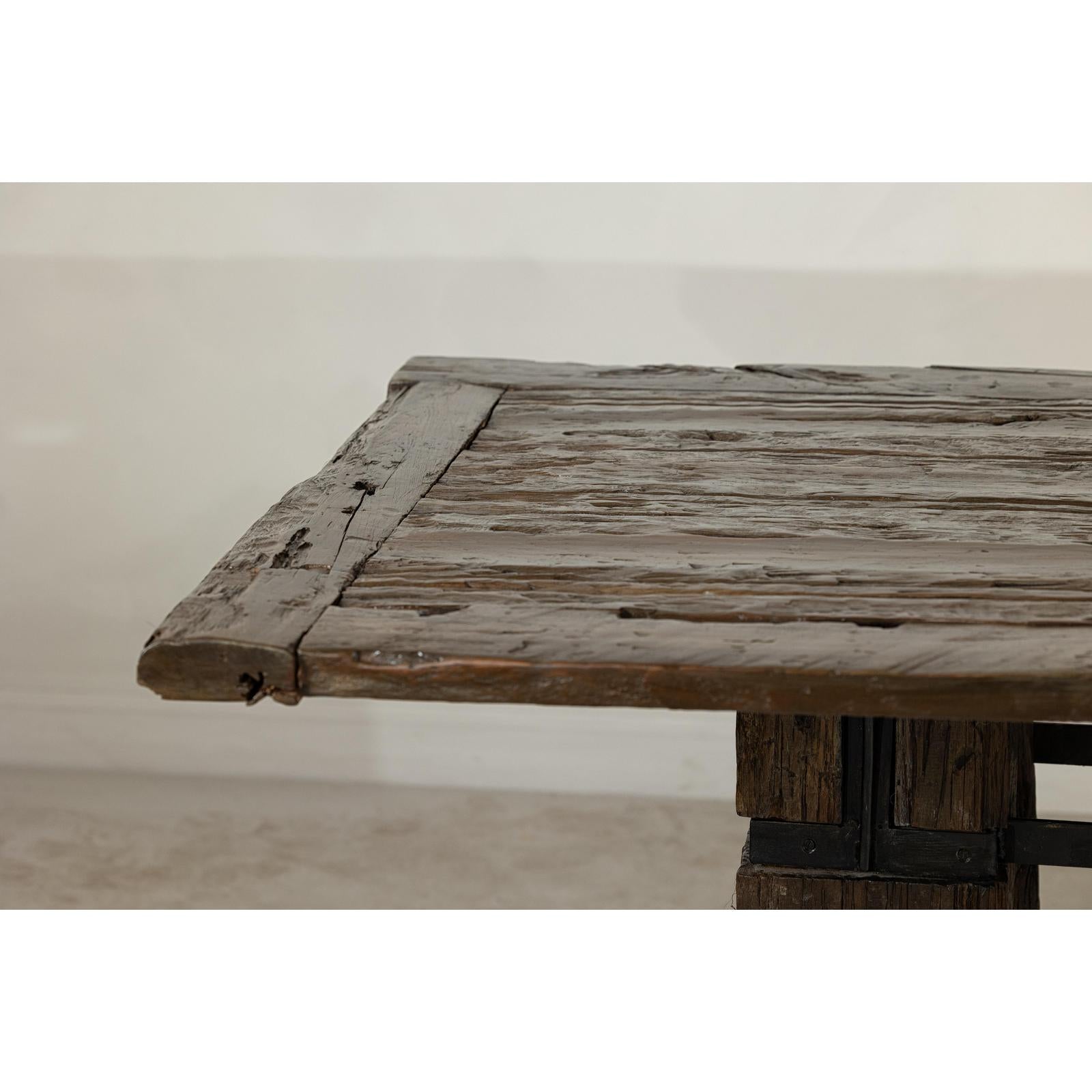 Vintage Rustic Reclaimed Teak Table with Distressed Top and Metal Base-13. Asian &amp; Chinese Furniture, Art, Antiques, Vintage Home Décor for sale at FEA Home