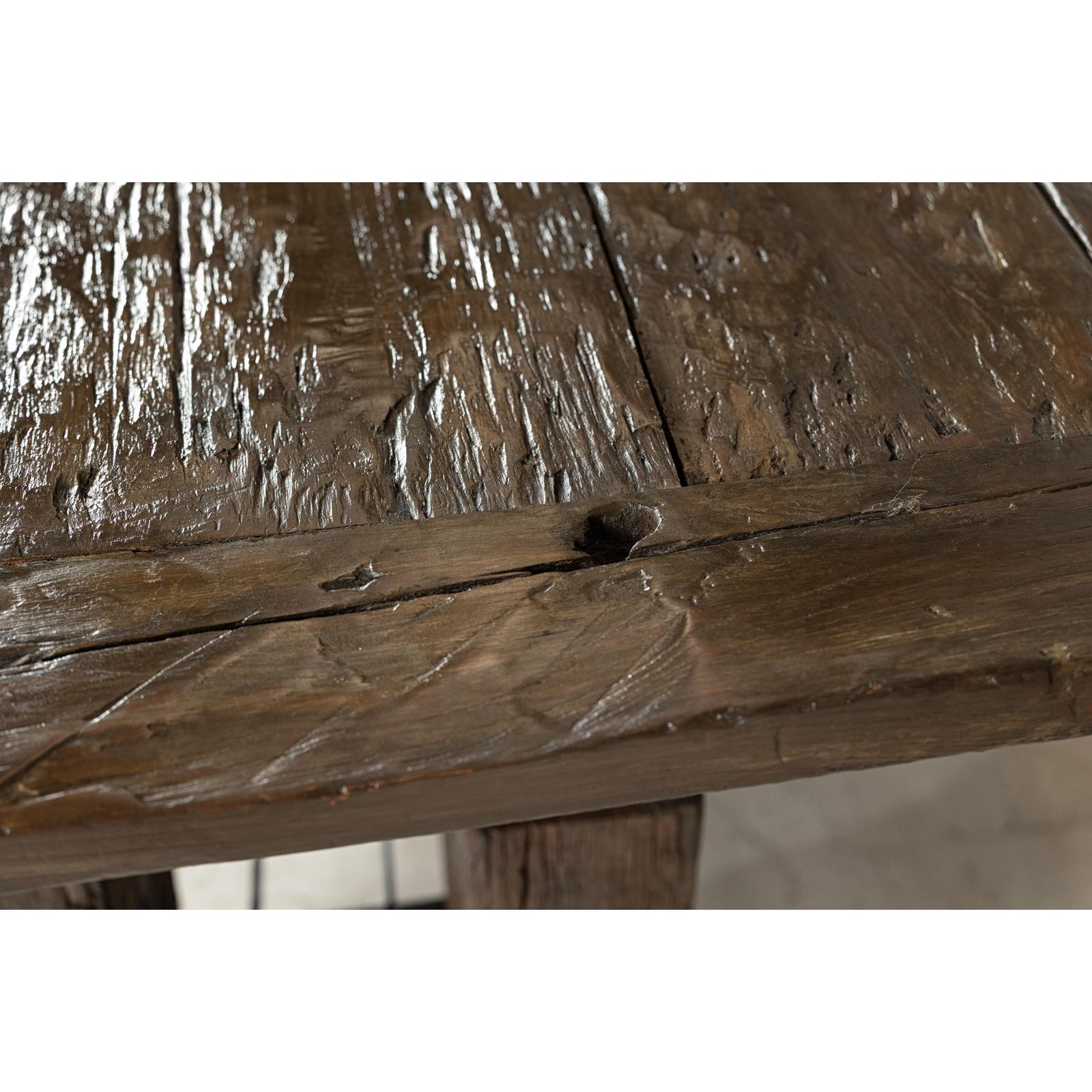 Vintage Rustic Reclaimed Teak Table with Distressed Top and Metal Base-15. Asian &amp; Chinese Furniture, Art, Antiques, Vintage Home Décor for sale at FEA Home