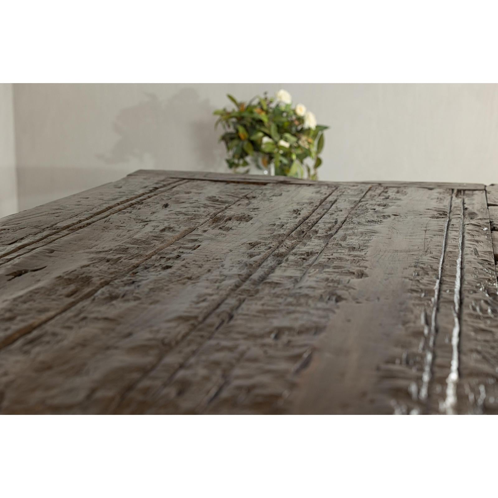 Vintage Rustic Reclaimed Teak Table with Distressed Top and Metal Base-17. Asian &amp; Chinese Furniture, Art, Antiques, Vintage Home Décor for sale at FEA Home