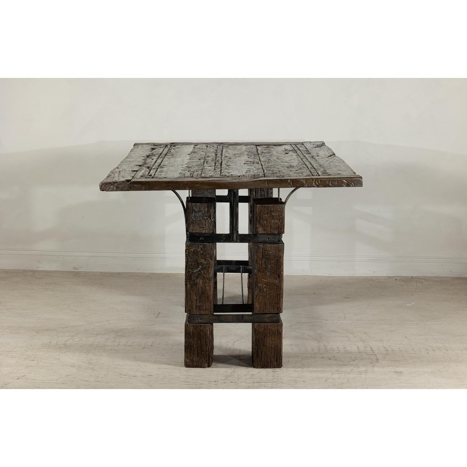 Vintage Rustic Reclaimed Teak Table with Distressed Top and Metal Base-18. Asian &amp; Chinese Furniture, Art, Antiques, Vintage Home Décor for sale at FEA Home