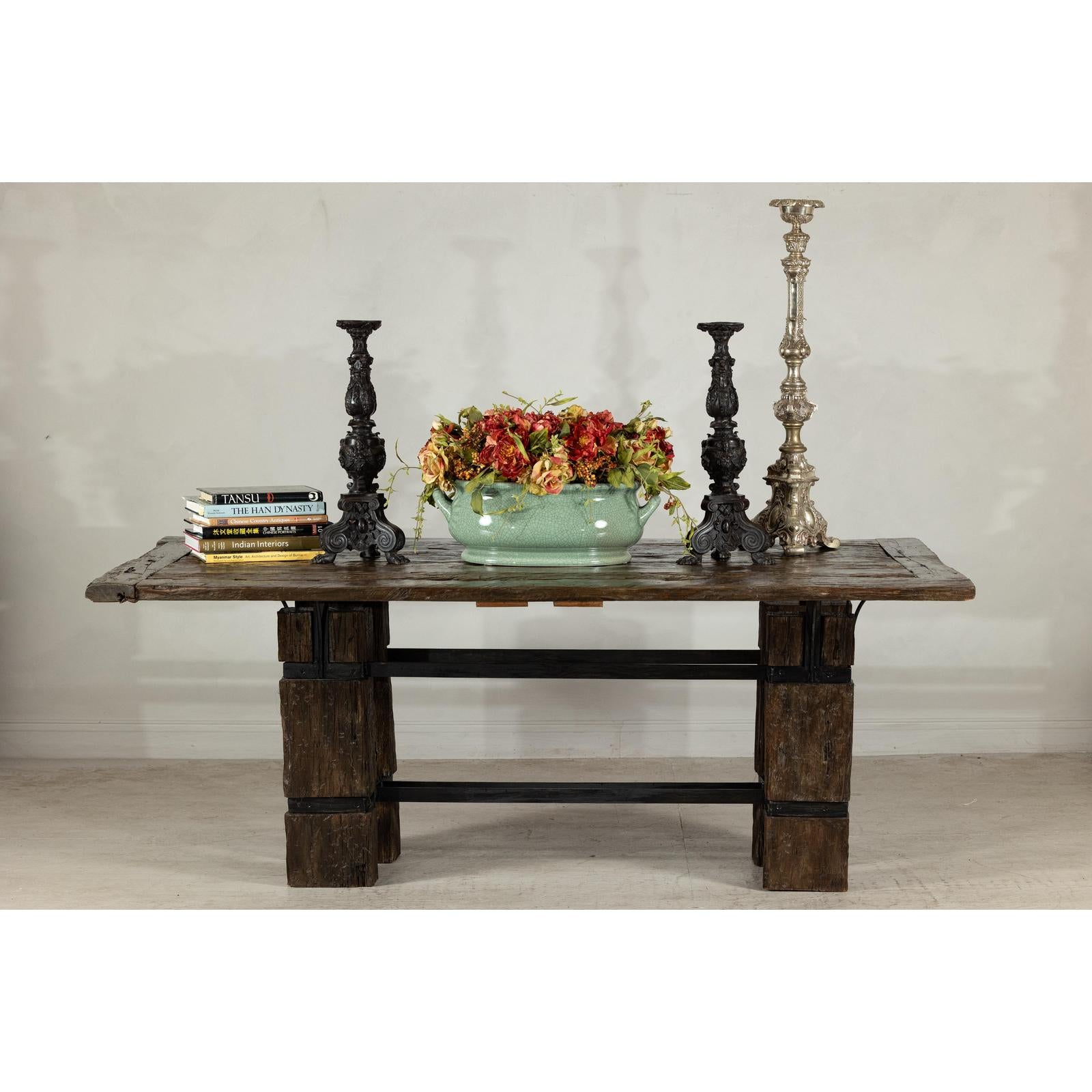 Vintage Rustic Reclaimed Teak Table with Distressed Top and Metal Base-2. Asian & Chinese Furniture, Art, Antiques, Vintage Home Décor for sale at FEA Home