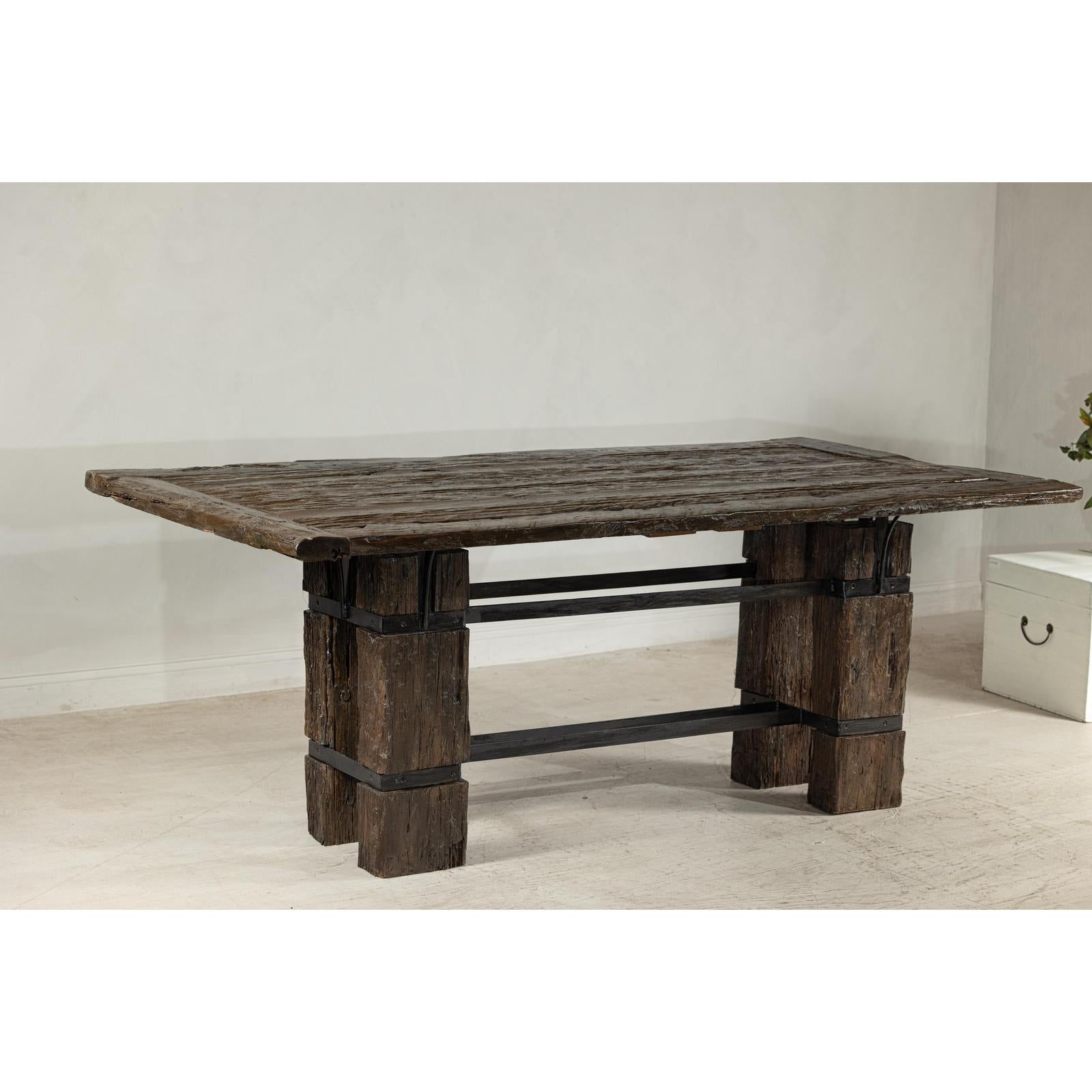 Vintage Rustic Reclaimed Teak Table with Distressed Top and Metal Base-3. Asian &amp; Chinese Furniture, Art, Antiques, Vintage Home Décor for sale at FEA Home