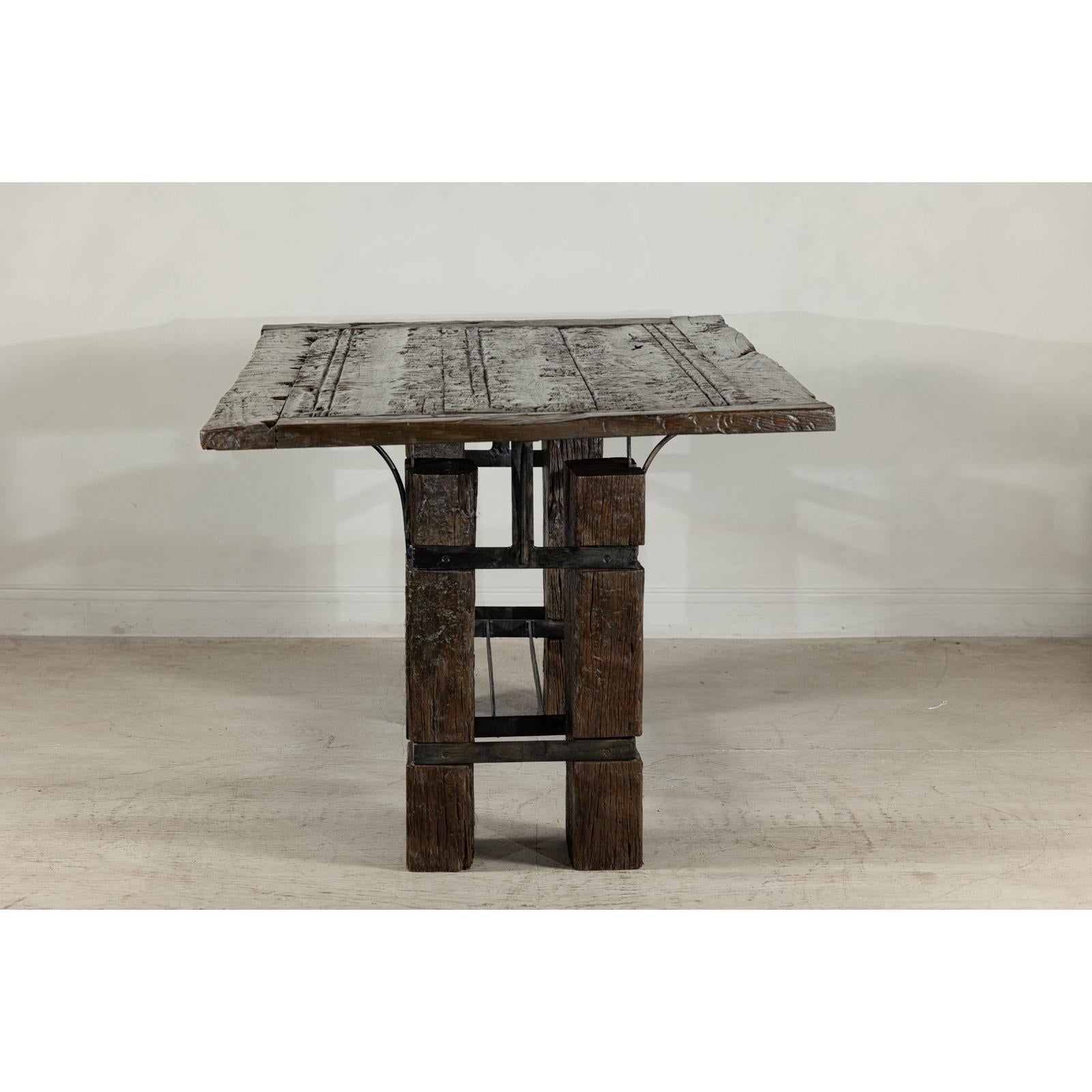 Vintage Rustic Reclaimed Teak Table with Distressed Top and Metal Base-4. Asian &amp; Chinese Furniture, Art, Antiques, Vintage Home Décor for sale at FEA Home