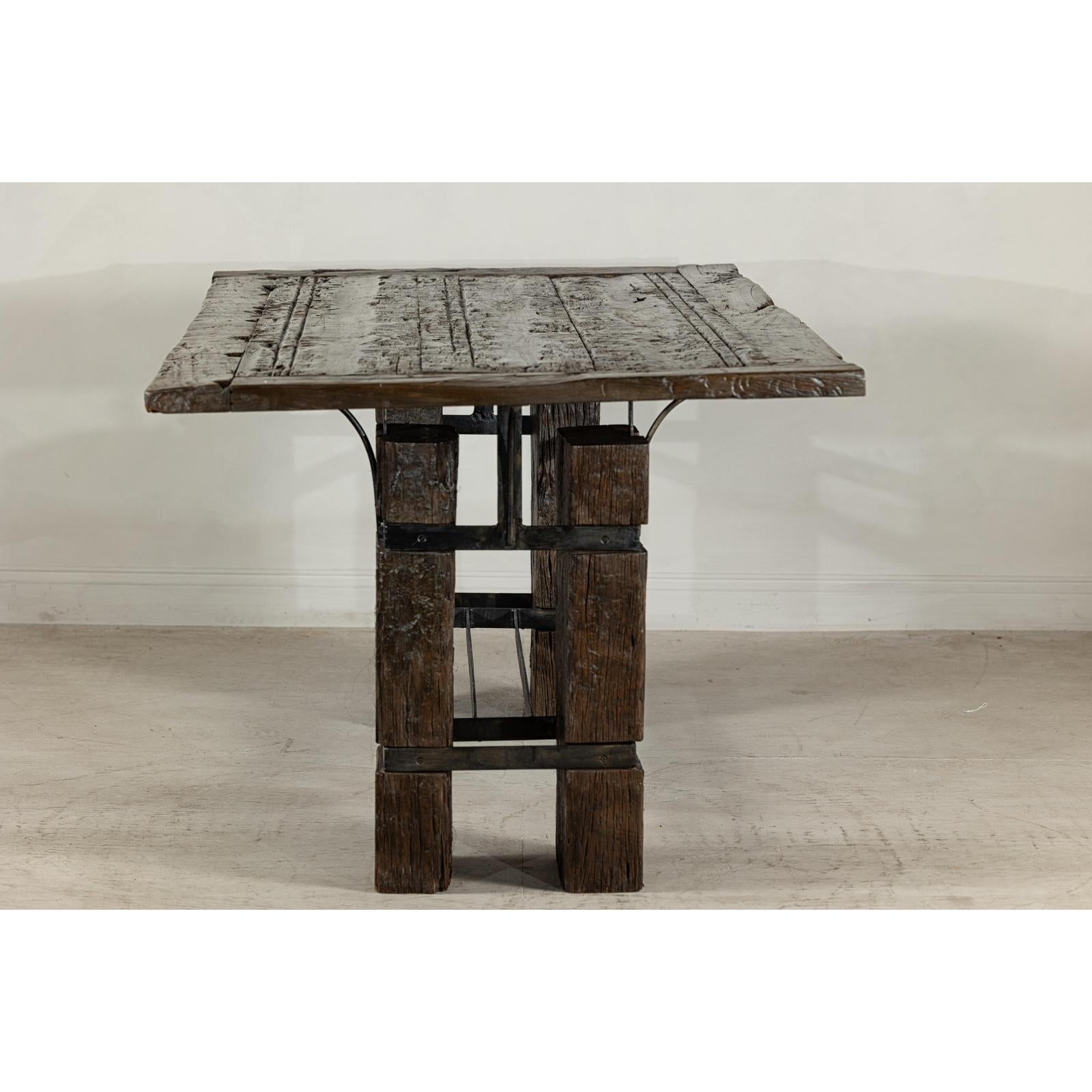 Vintage Rustic Reclaimed Teak Table with Distressed Top and Metal Base-5. Asian &amp; Chinese Furniture, Art, Antiques, Vintage Home Décor for sale at FEA Home