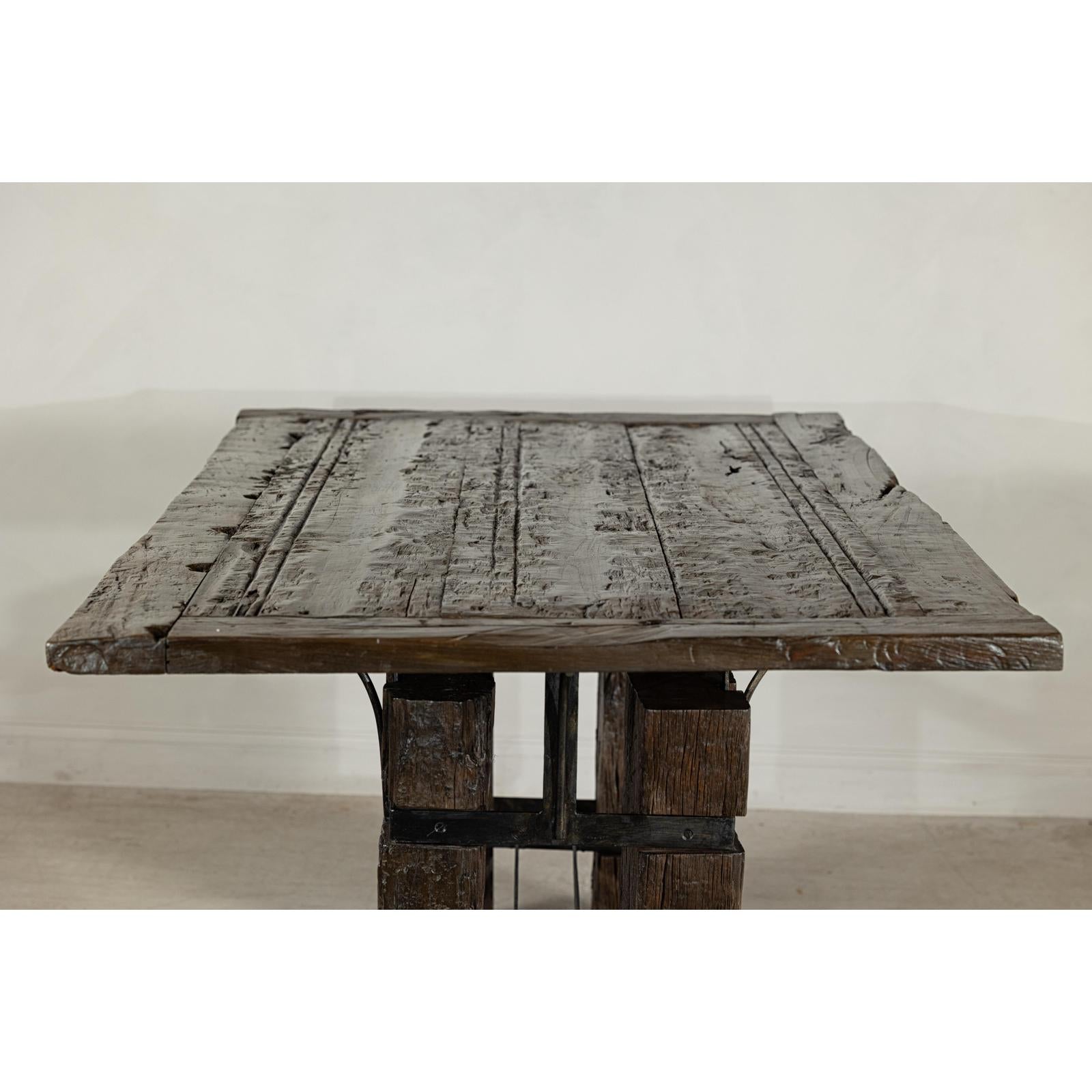Vintage Rustic Reclaimed Teak Table with Distressed Top and Metal Base-6. Asian &amp; Chinese Furniture, Art, Antiques, Vintage Home Décor for sale at FEA Home