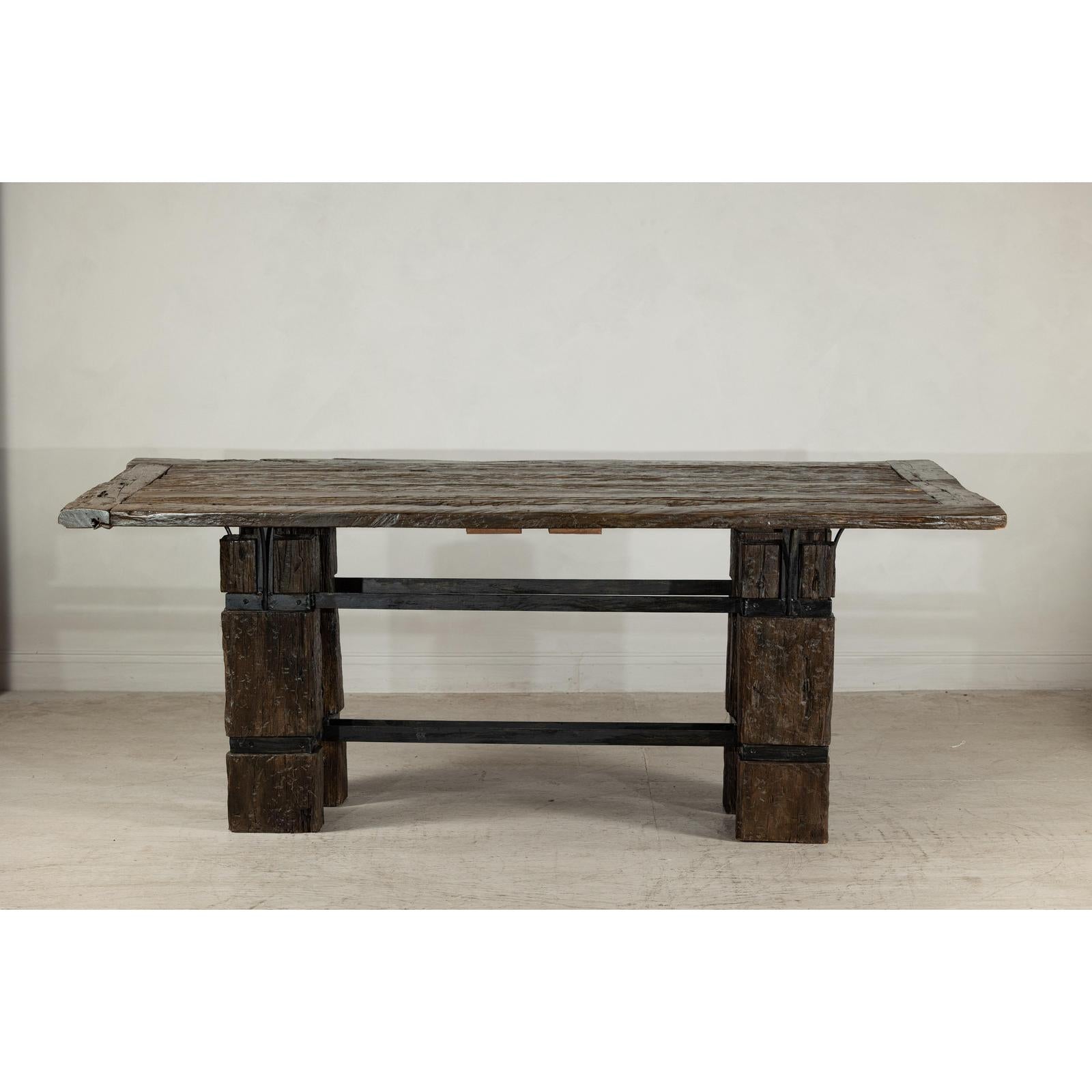 Vintage Rustic Reclaimed Teak Table with Distressed Top and Metal Base-7. Asian &amp; Chinese Furniture, Art, Antiques, Vintage Home Décor for sale at FEA Home