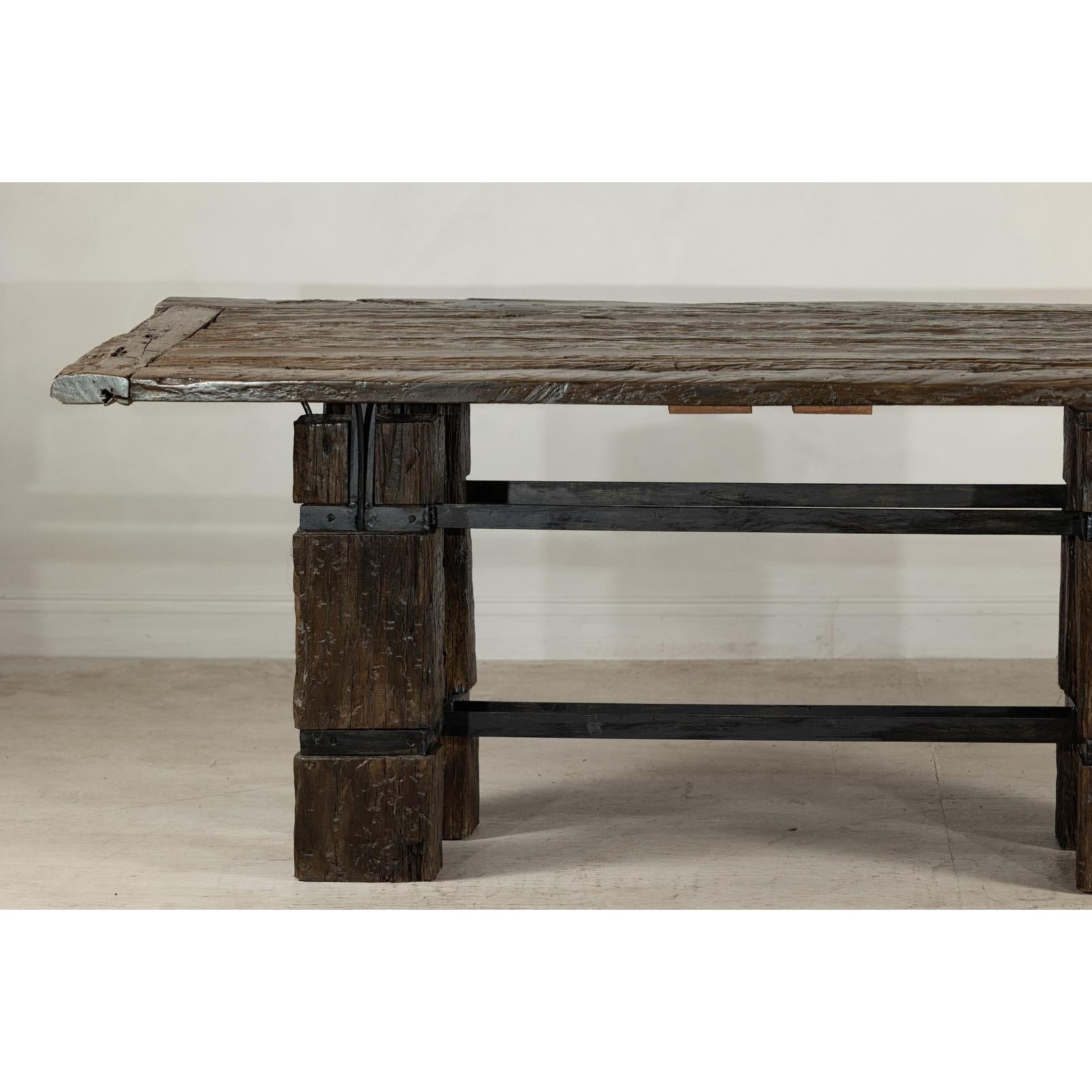 Vintage Rustic Reclaimed Teak Table with Distressed Top and Metal Base-8. Asian &amp; Chinese Furniture, Art, Antiques, Vintage Home Décor for sale at FEA Home