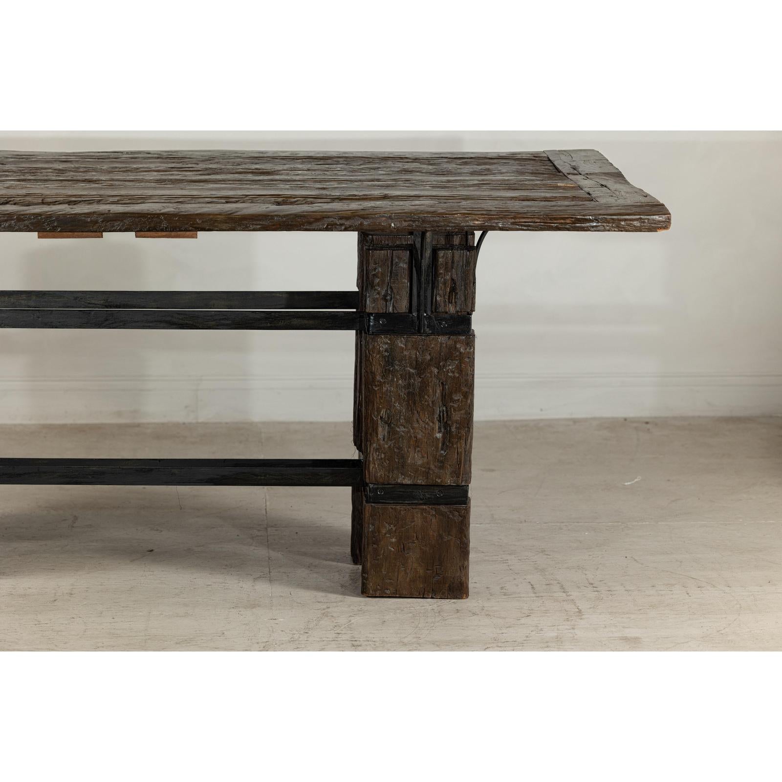 Vintage Rustic Reclaimed Teak Table with Distressed Top and Metal Base-9. Asian &amp; Chinese Furniture, Art, Antiques, Vintage Home Décor for sale at FEA Home