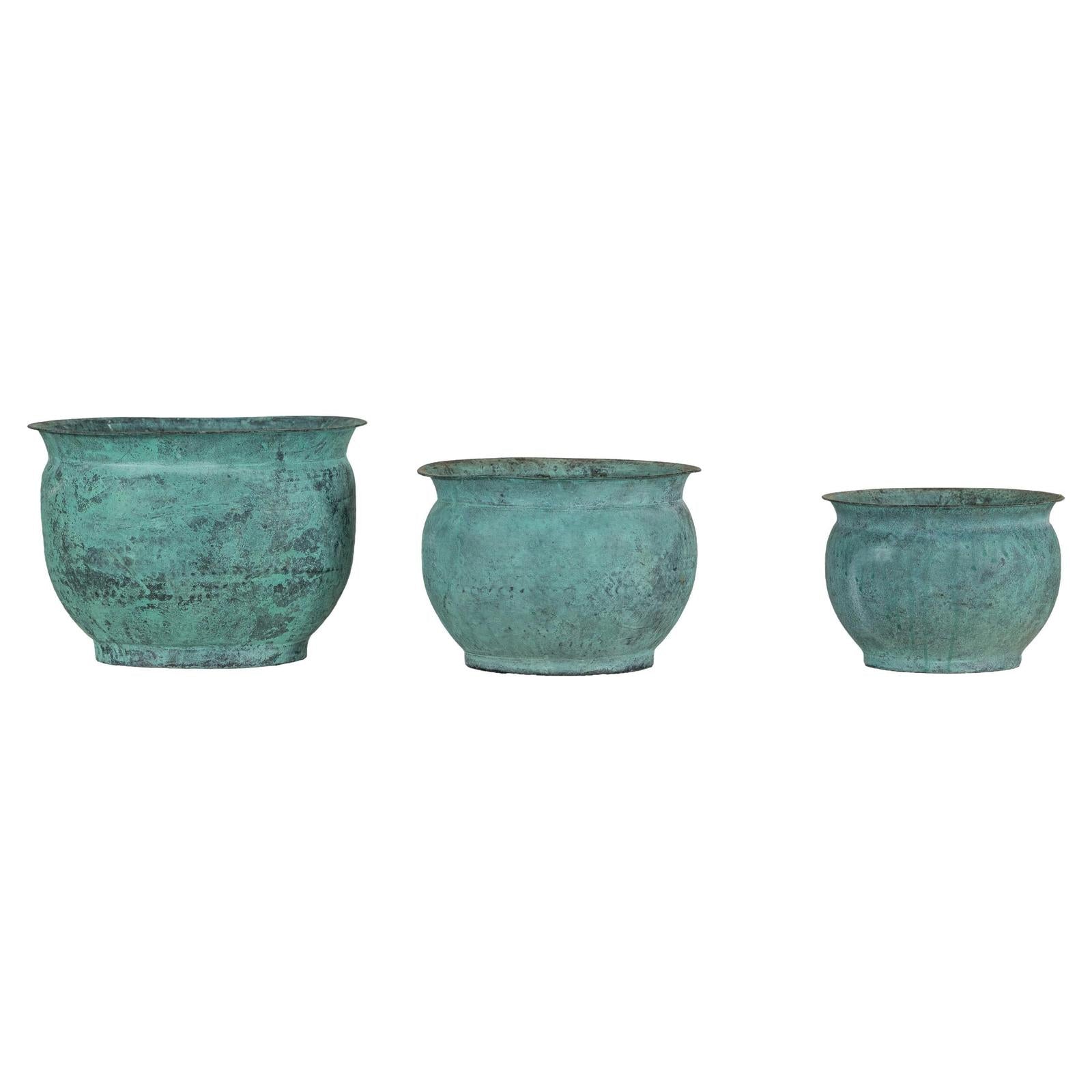 Vintage Set of Three Copper Cache Pots with Verdigris Patina-1. Asian & Chinese Furniture, Art, Antiques, Vintage Home Décor for sale at FEA Home