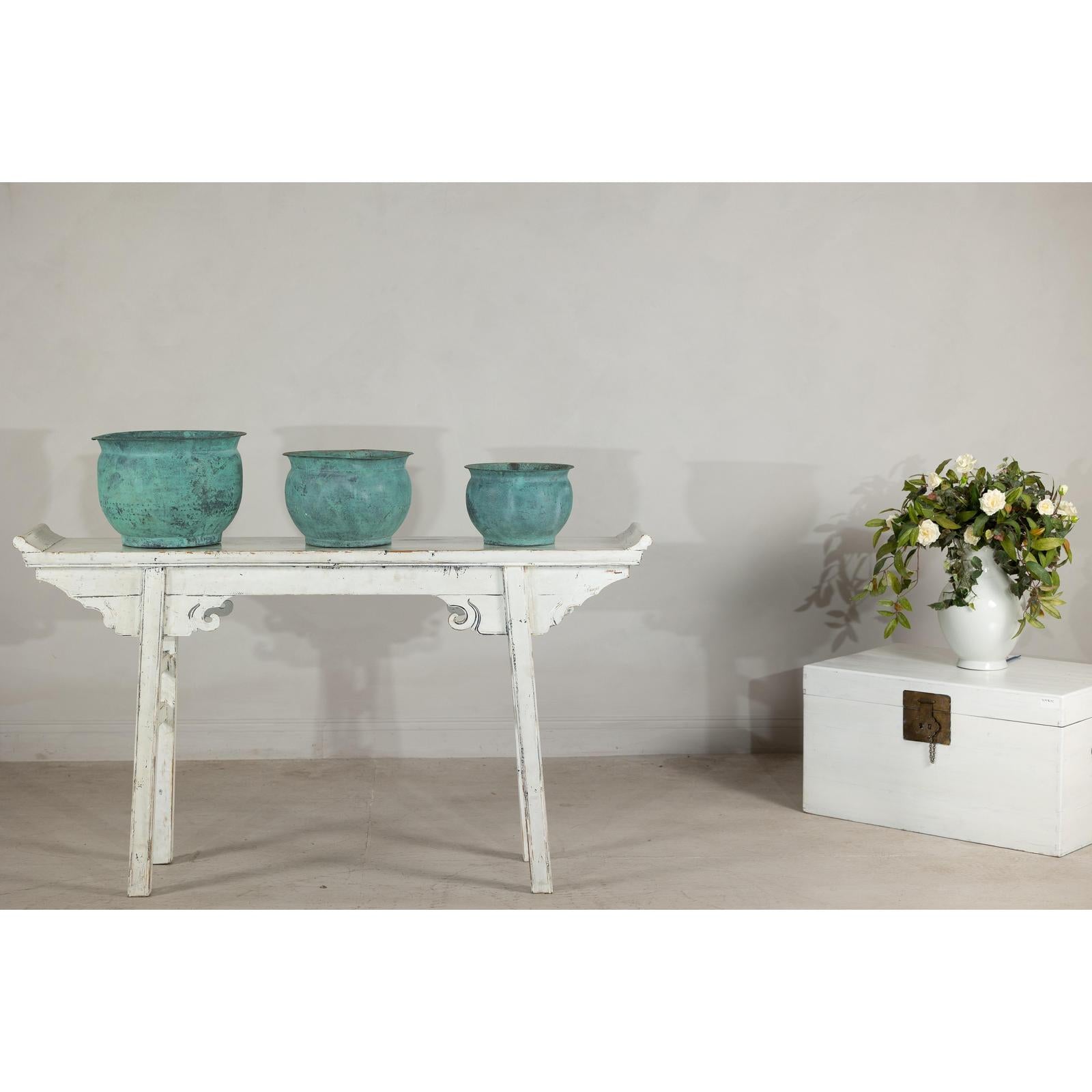 Vintage Set of Three Copper Cache Pots with Verdigris Patina-10. Asian &amp; Chinese Furniture, Art, Antiques, Vintage Home Décor for sale at FEA Home