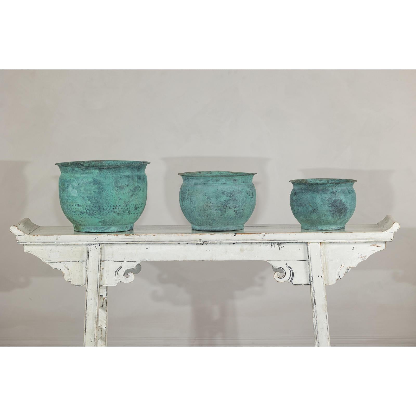 Vintage Set of Three Copper Cache Pots with Verdigris Patina-11. Asian &amp; Chinese Furniture, Art, Antiques, Vintage Home Décor for sale at FEA Home