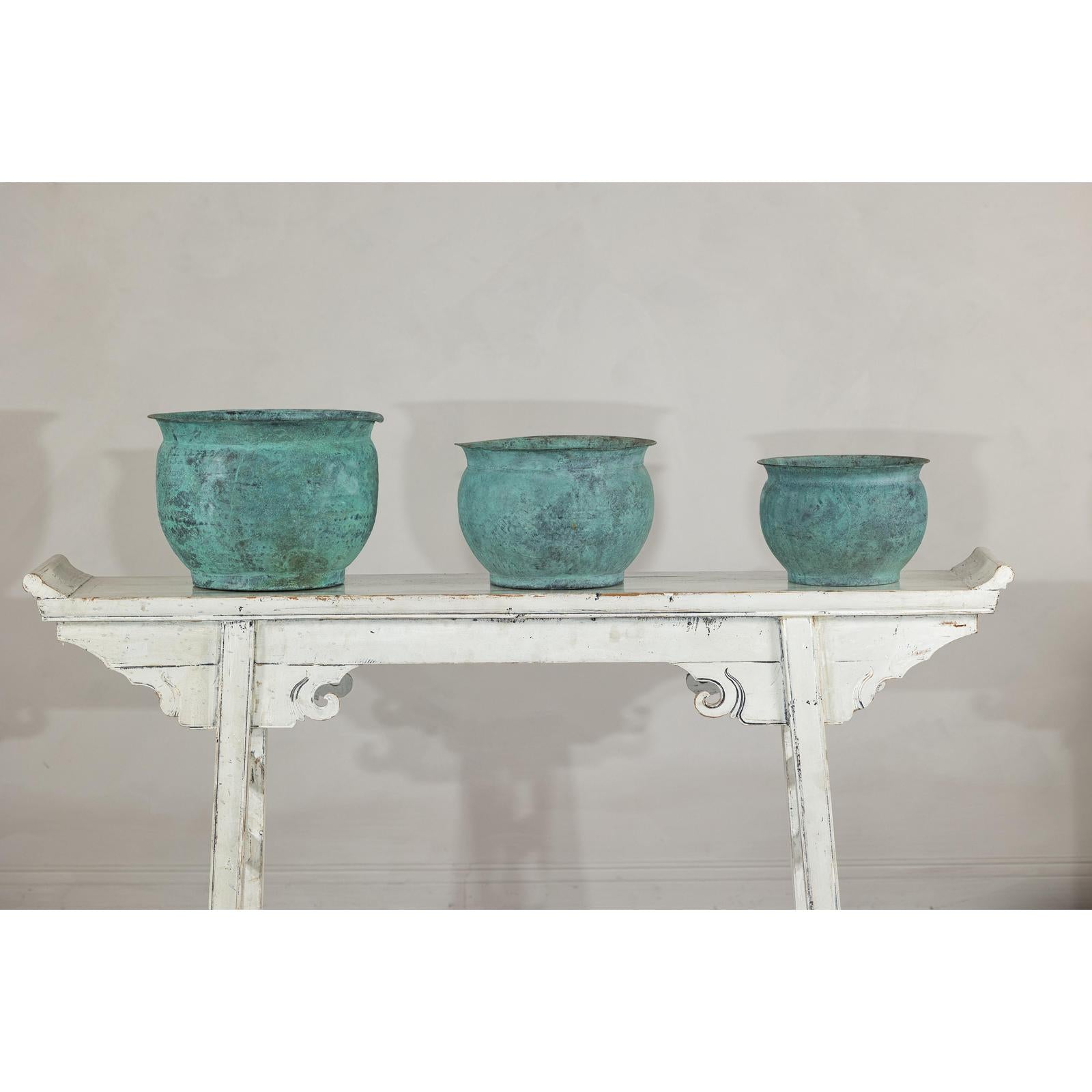Vintage Set of Three Copper Cache Pots with Verdigris Patina-12. Asian &amp; Chinese Furniture, Art, Antiques, Vintage Home Décor for sale at FEA Home