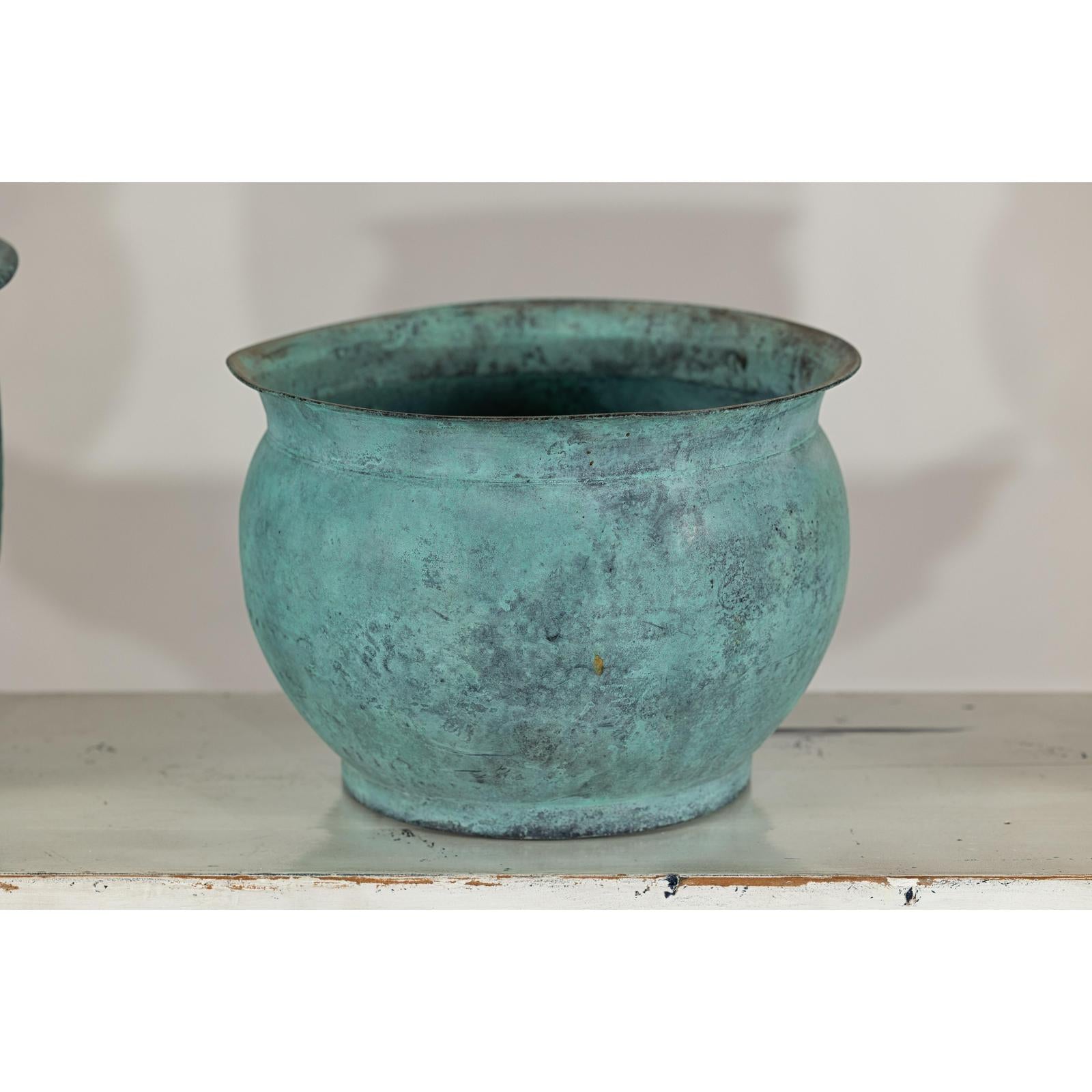 Vintage Set of Three Copper Cache Pots with Verdigris Patina-14. Asian &amp; Chinese Furniture, Art, Antiques, Vintage Home Décor for sale at FEA Home