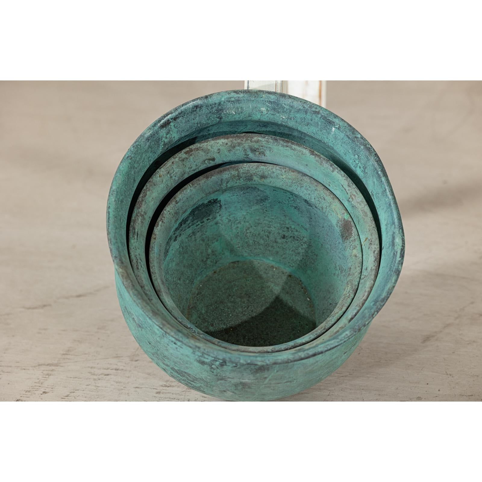 Vintage Set of Three Copper Cache Pots with Verdigris Patina-18. Asian &amp; Chinese Furniture, Art, Antiques, Vintage Home Décor for sale at FEA Home