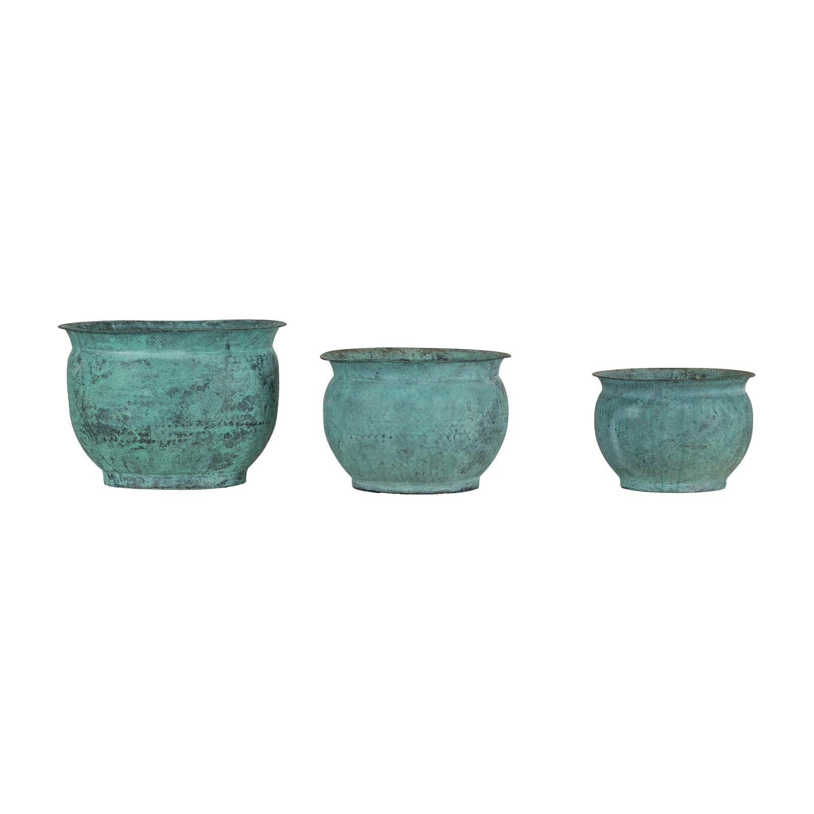Vintage Set of Three Copper Cache Pots with Verdigris Patina-19. Asian &amp; Chinese Furniture, Art, Antiques, Vintage Home Décor for sale at FEA Home