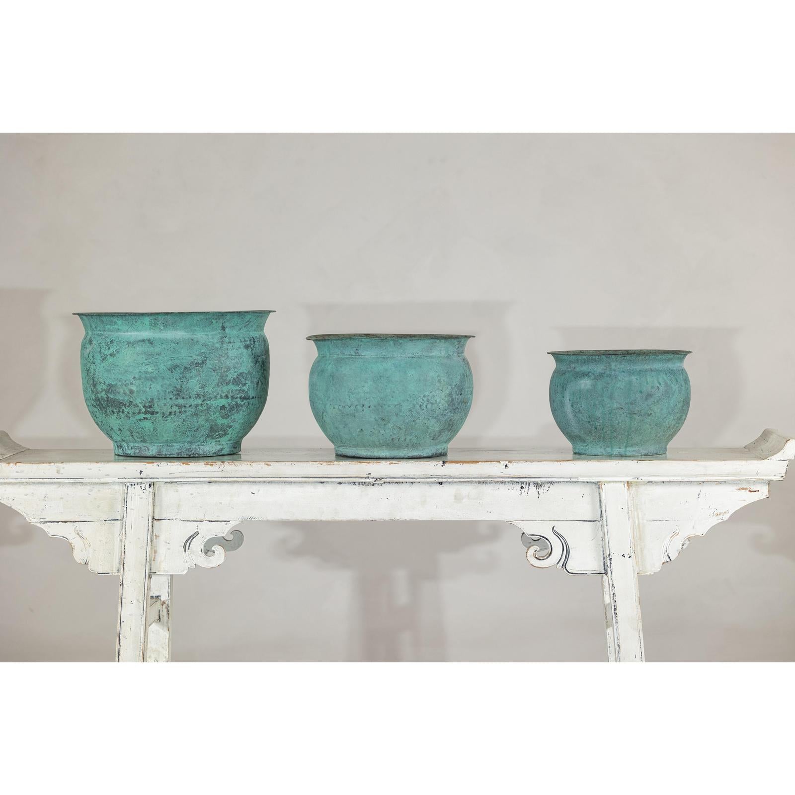 Vintage Set of Three Copper Cache Pots with Verdigris Patina-2. Asian & Chinese Furniture, Art, Antiques, Vintage Home Décor for sale at FEA Home