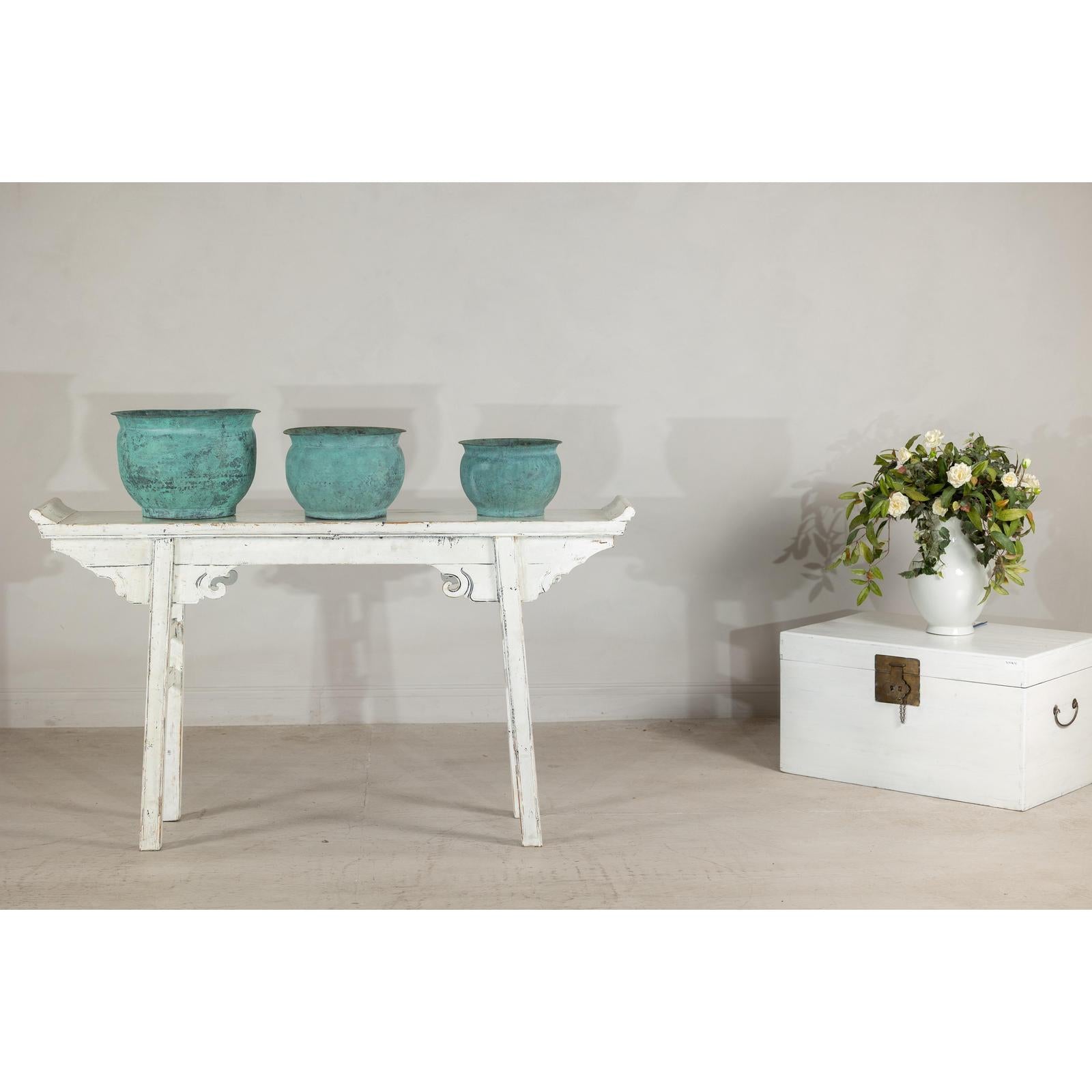 Vintage Set of Three Copper Cache Pots with Verdigris Patina-3. Asian &amp; Chinese Furniture, Art, Antiques, Vintage Home Décor for sale at FEA Home