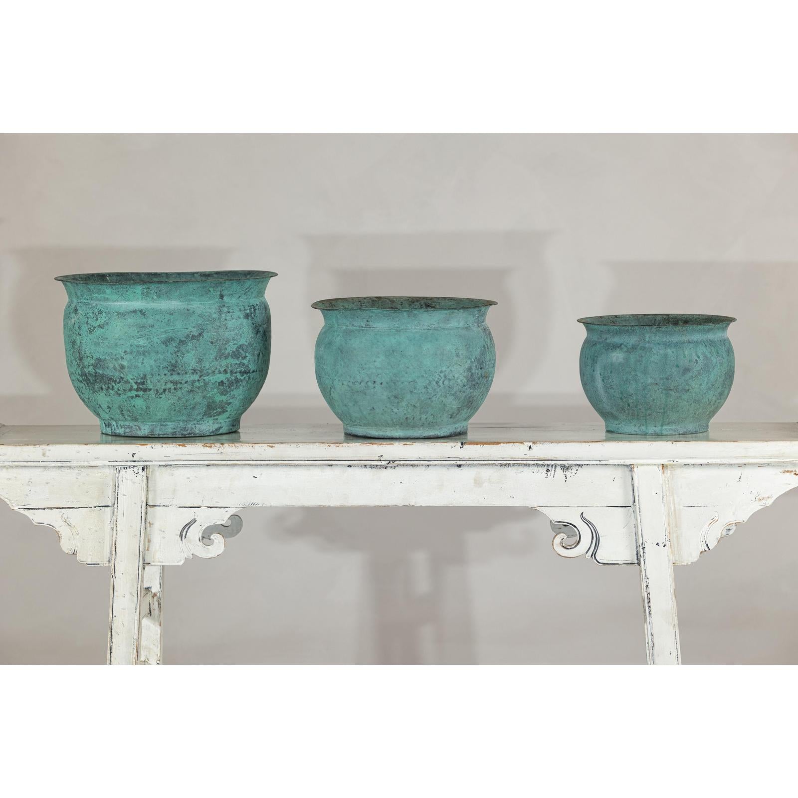 Vintage Set of Three Copper Cache Pots with Verdigris Patina-5. Asian &amp; Chinese Furniture, Art, Antiques, Vintage Home Décor for sale at FEA Home