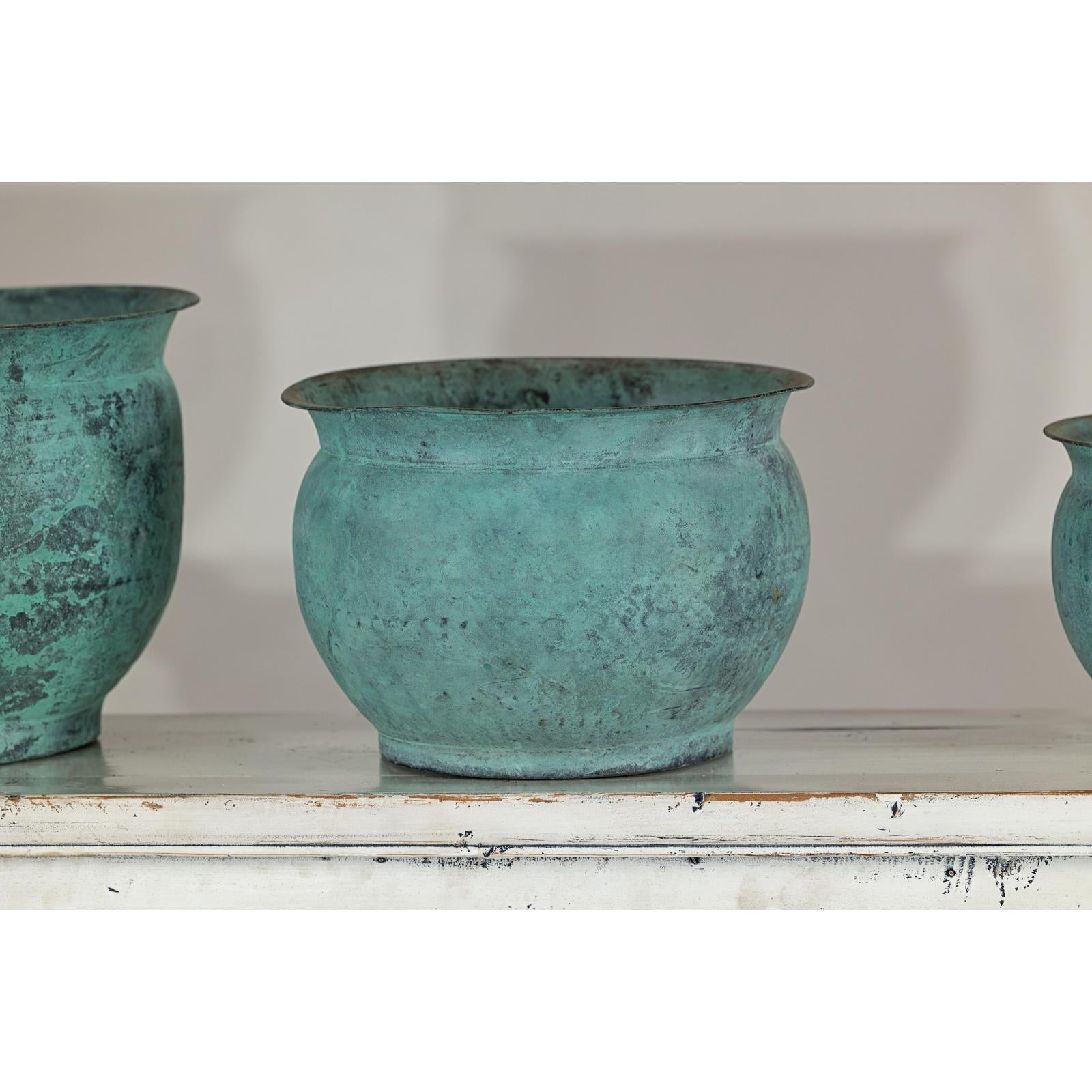 Vintage Set of Three Copper Cache Pots with Verdigris Patina-6. Asian &amp; Chinese Furniture, Art, Antiques, Vintage Home Décor for sale at FEA Home