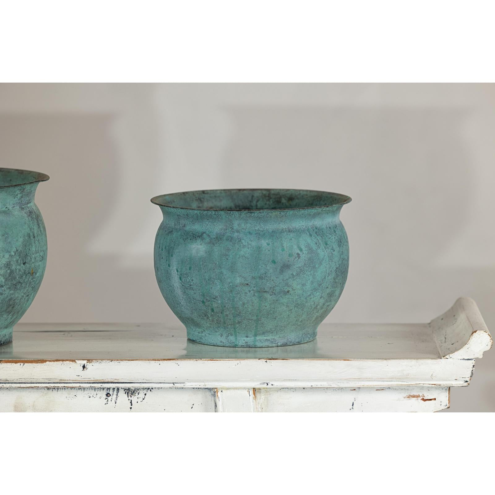 Vintage Set of Three Copper Cache Pots with Verdigris Patina-7. Asian &amp; Chinese Furniture, Art, Antiques, Vintage Home Décor for sale at FEA Home