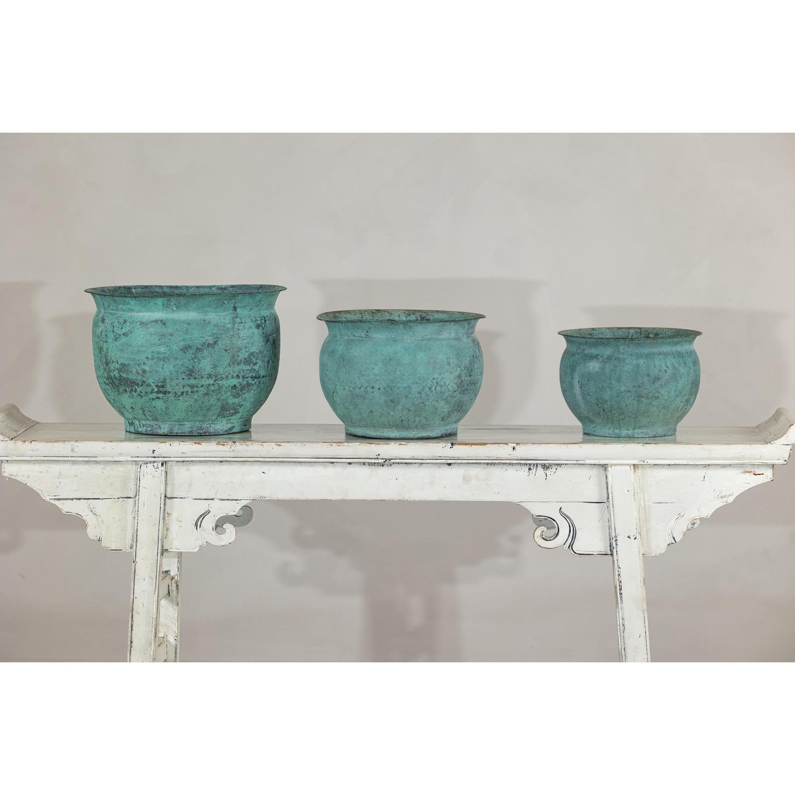 Vintage Set of Three Copper Cache Pots with Verdigris Patina-8. Asian &amp; Chinese Furniture, Art, Antiques, Vintage Home Décor for sale at FEA Home