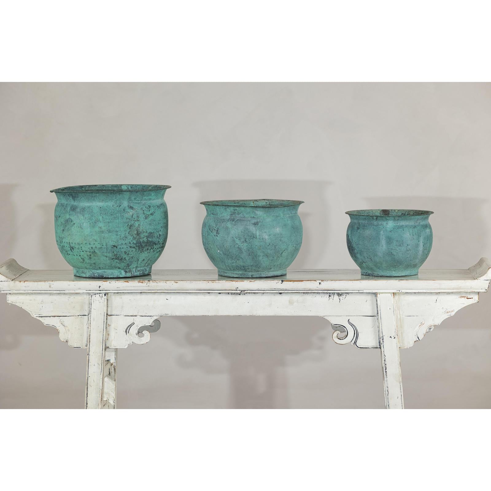 Vintage Set of Three Copper Cache Pots with Verdigris Patina-9. Asian &amp; Chinese Furniture, Art, Antiques, Vintage Home Décor for sale at FEA Home