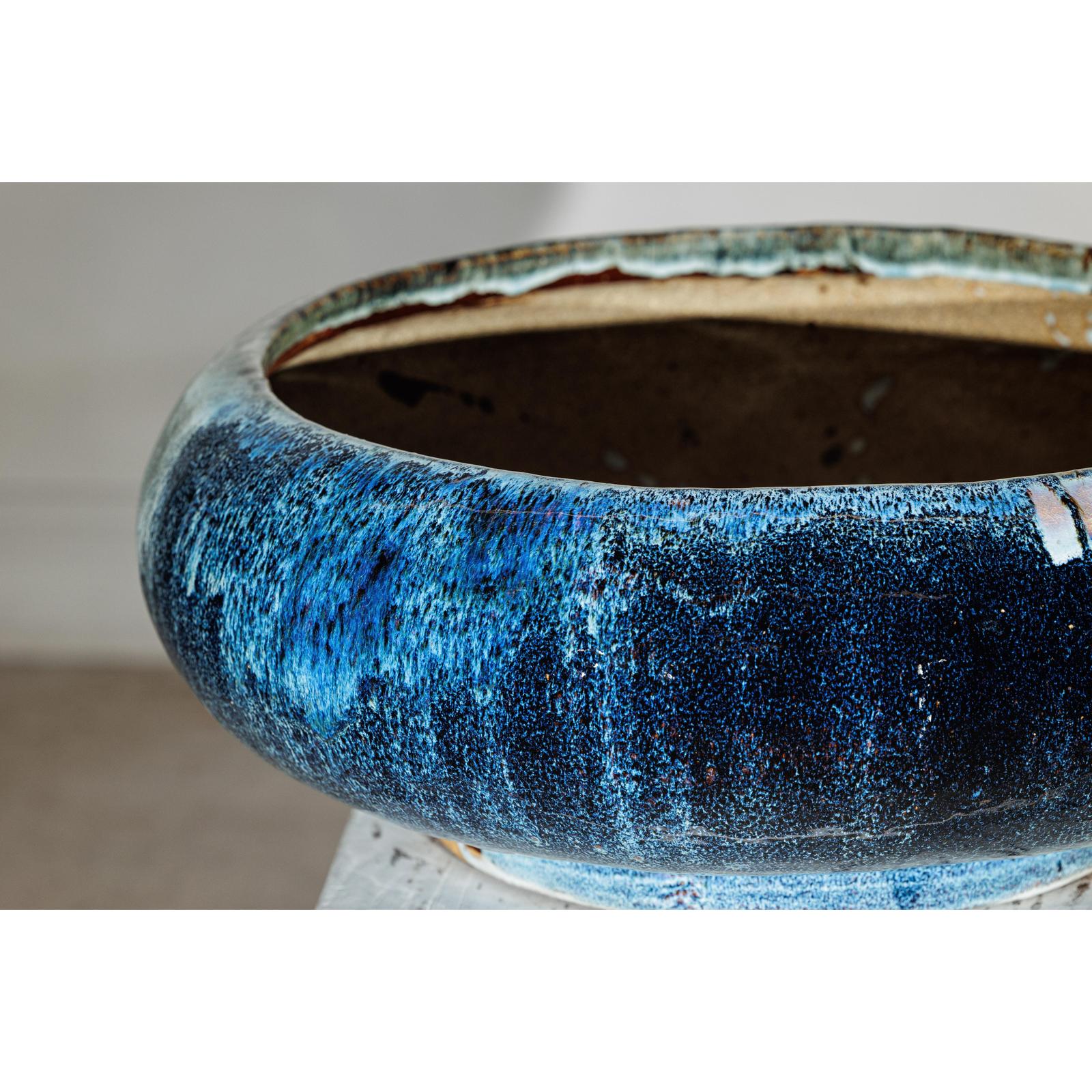 Vintage Shigaraki Style Low Blue Planter with Wide Opening