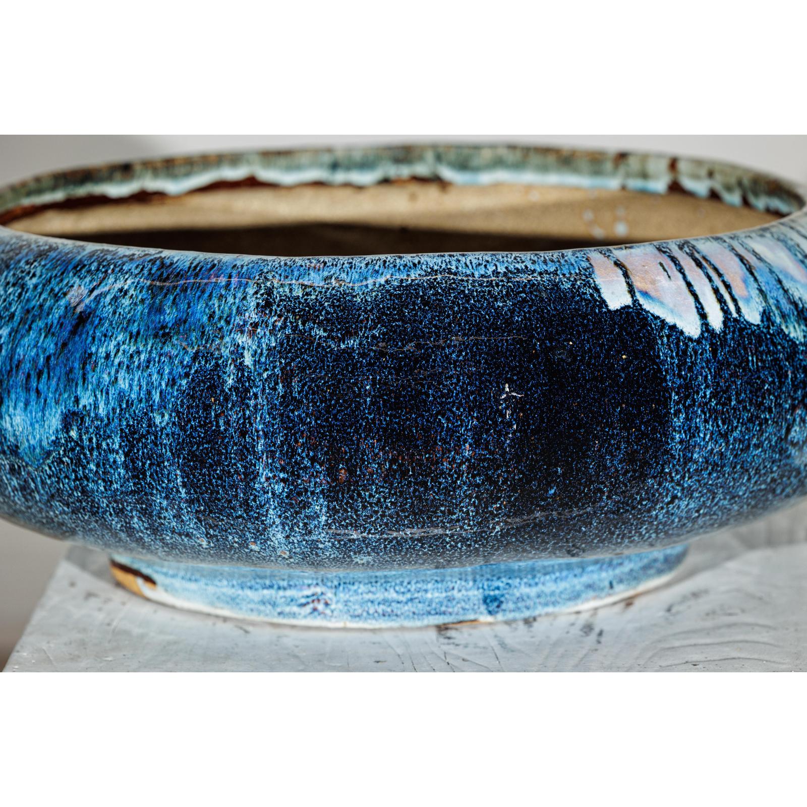 Vintage Shigaraki Style Low Blue Planter with Wide Opening