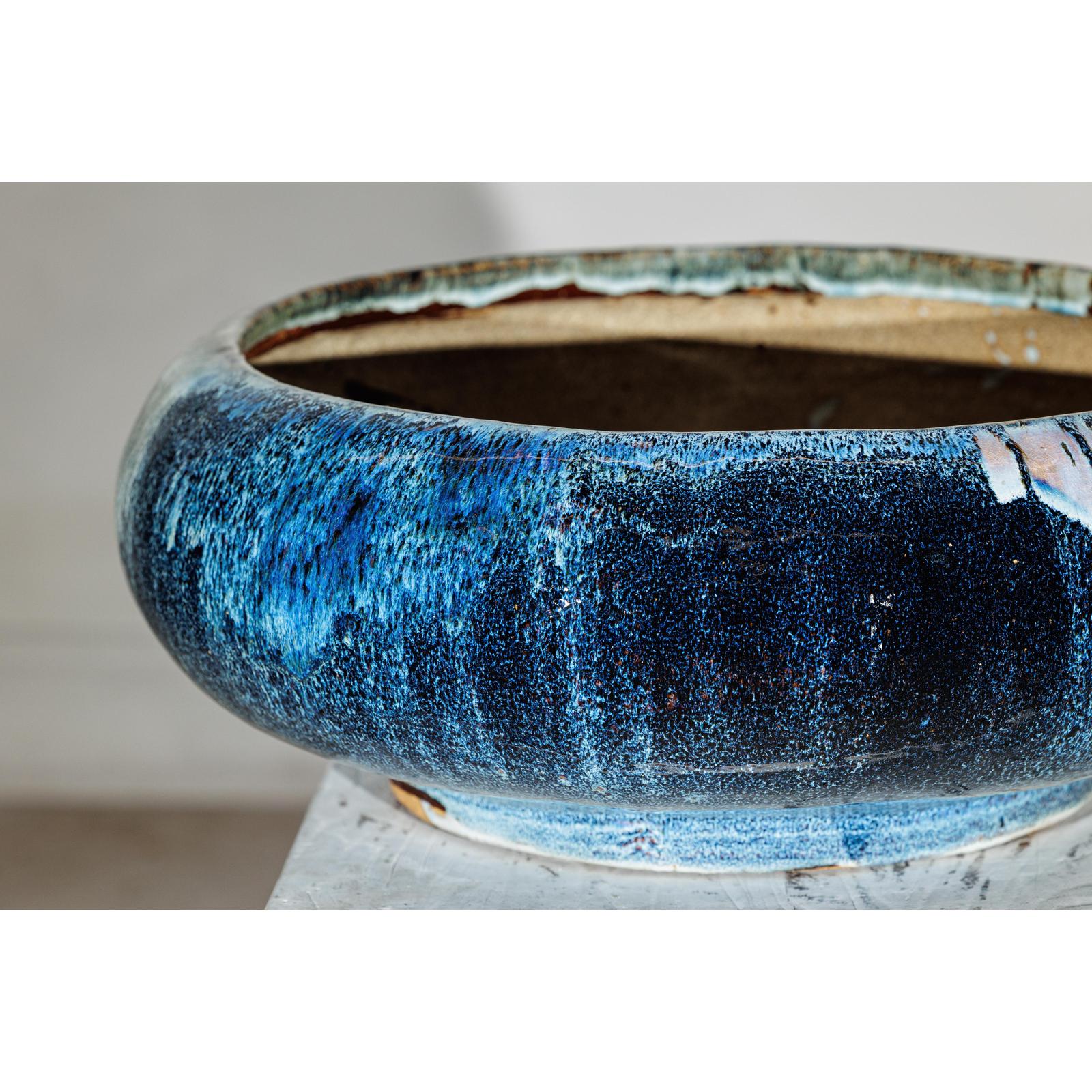 Vintage Shigaraki Style Low Blue Planter with Wide Opening