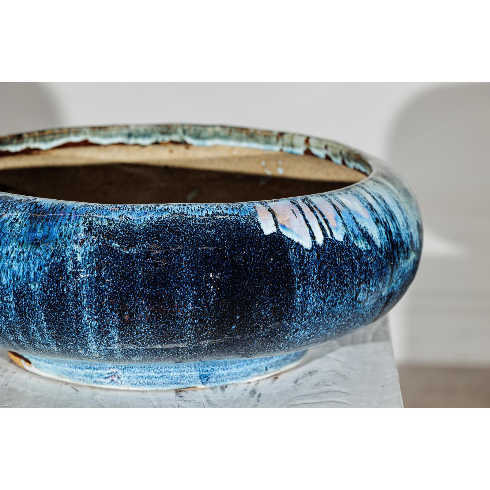 Vintage Shigaraki Style Low Blue Planter with Wide Opening