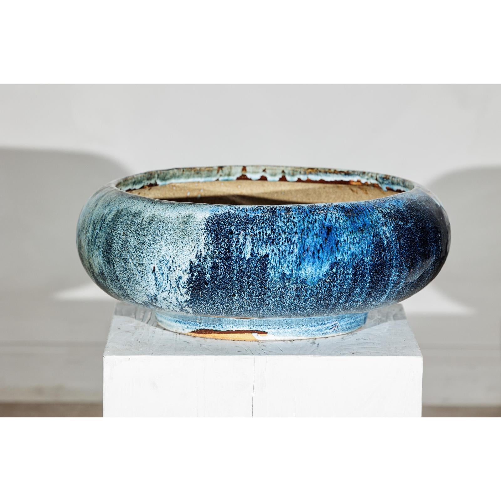 Vintage Shigaraki Style Low Blue Planter with Wide Opening