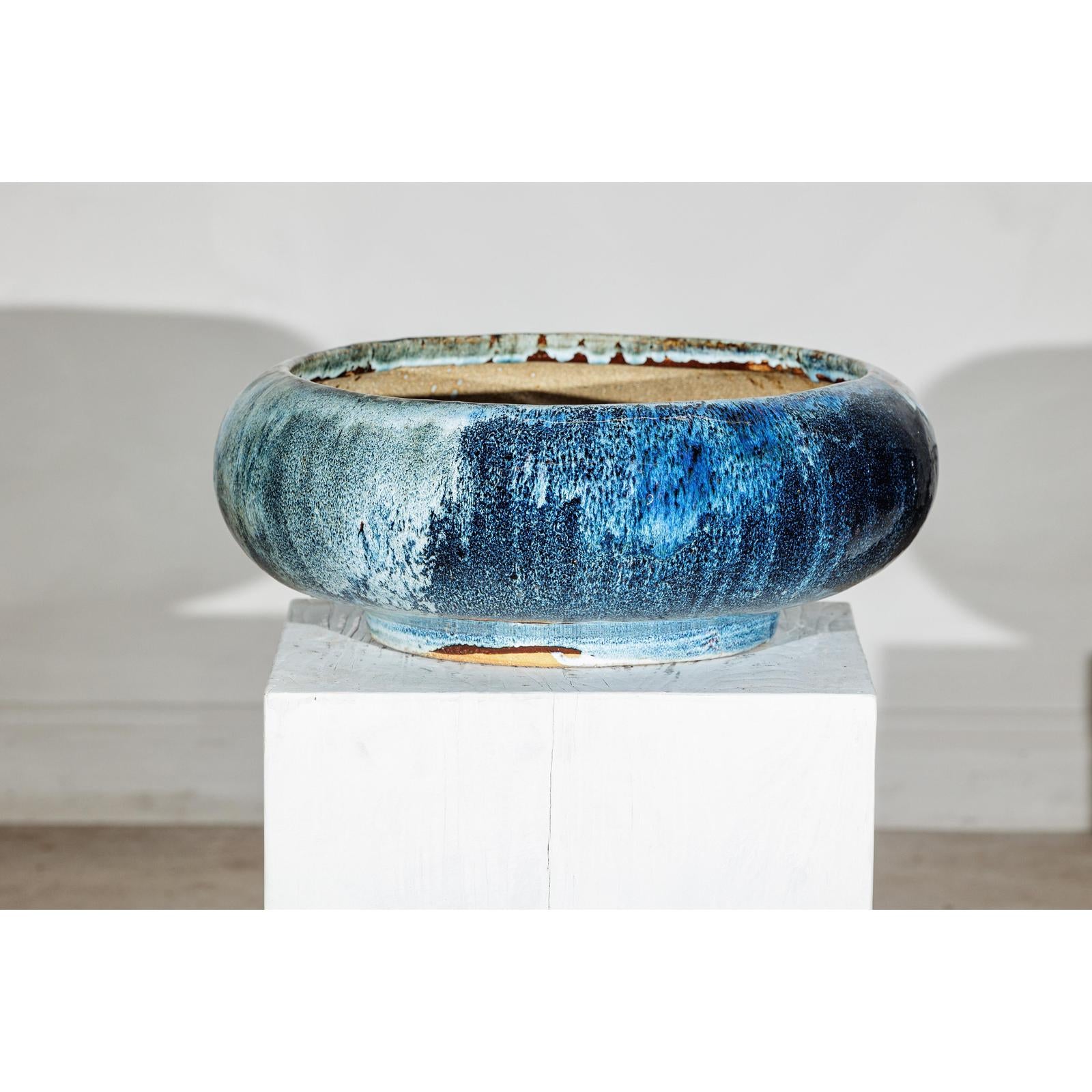 Vintage Shigaraki Style Low Blue Planter with Wide Opening