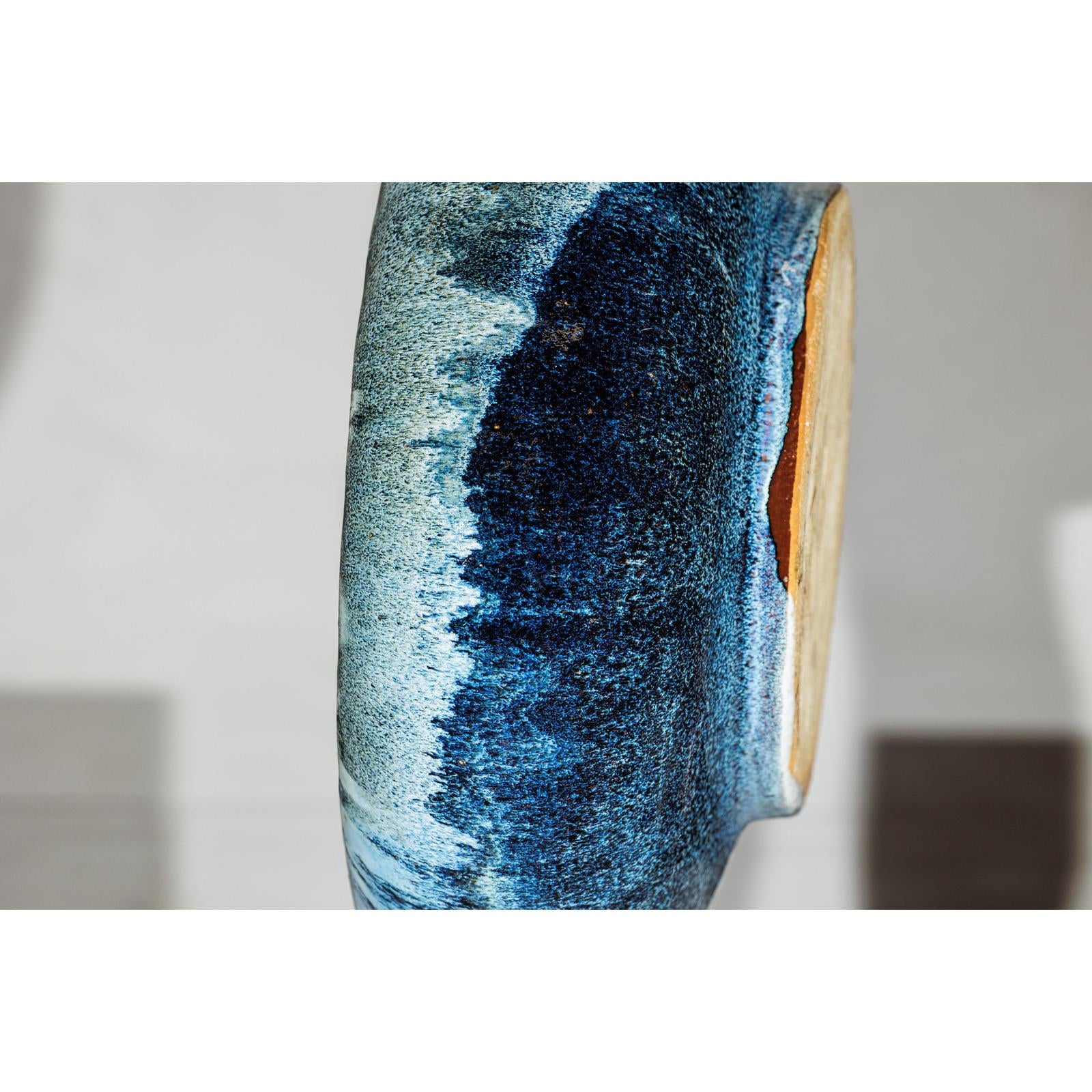 Vintage Shigaraki Style Low Blue Planter with Wide Opening