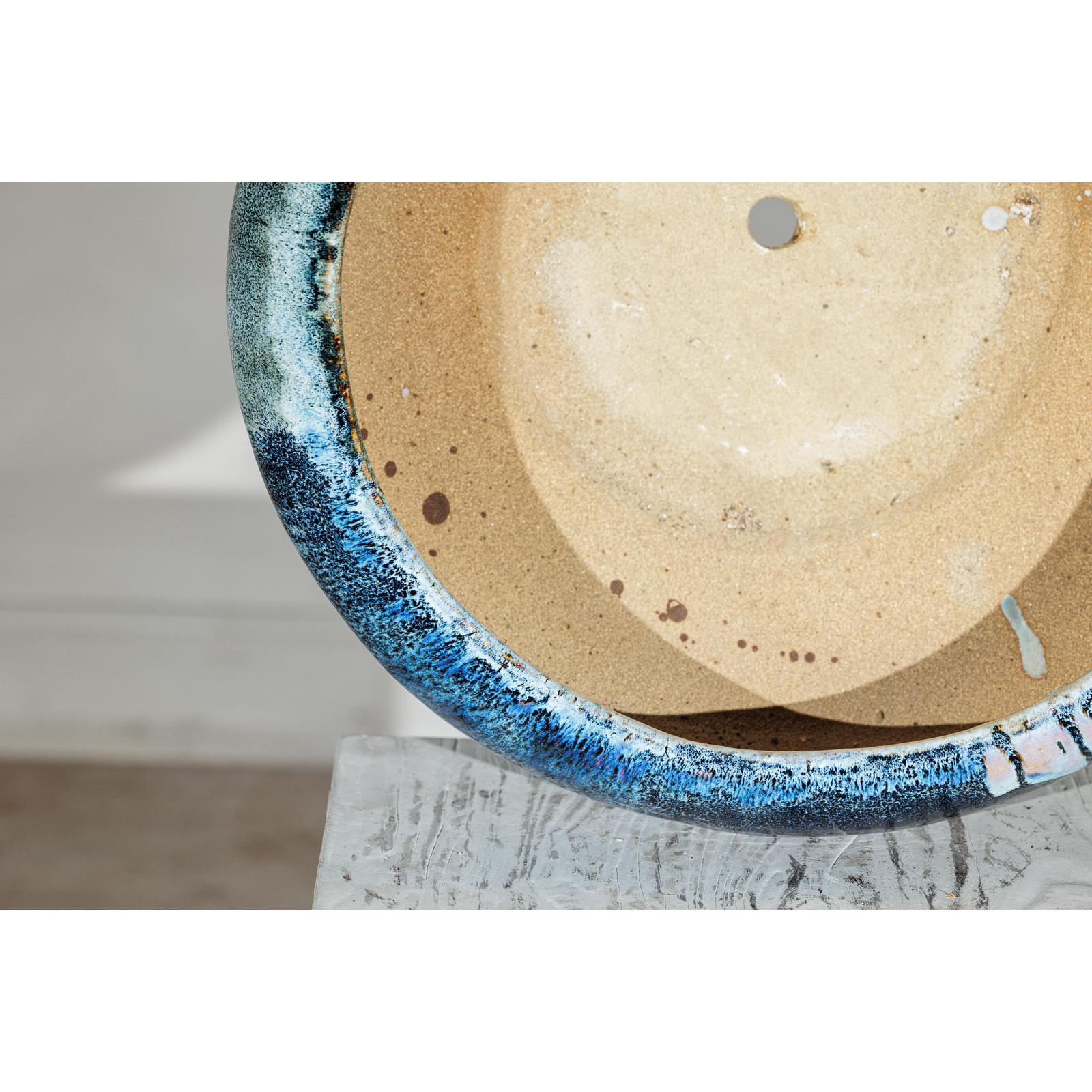 Vintage Shigaraki Style Low Blue Planter with Wide Opening