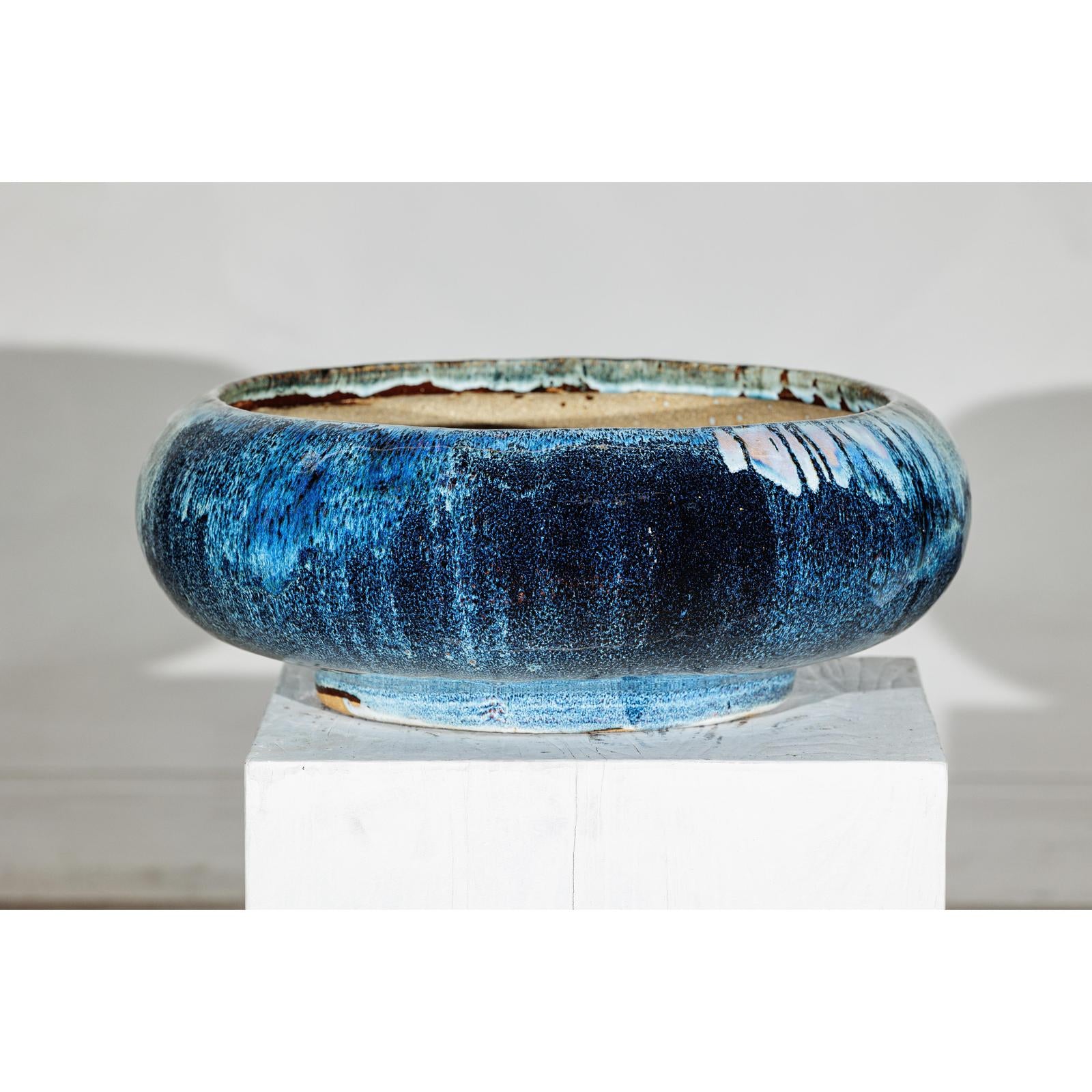 Vintage Shigaraki Style Low Blue Planter with Wide Opening
