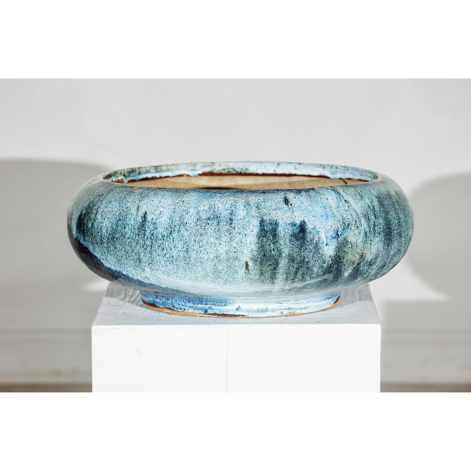 Vintage Shigaraki Style Low Blue Planter with Wide Opening