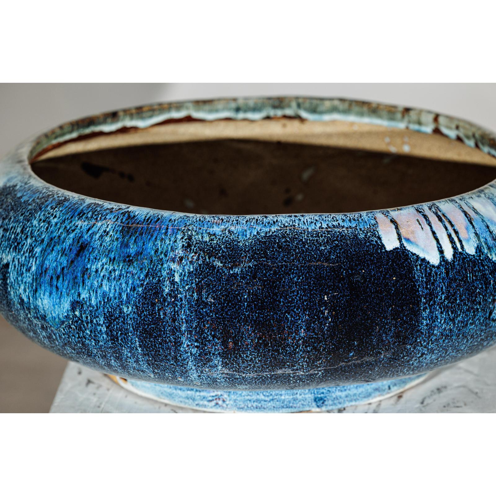 Vintage Shigaraki Style Low Blue Planter with Wide Opening