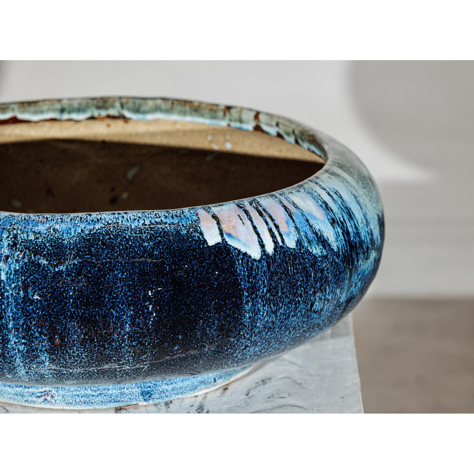 Vintage Shigaraki Style Low Blue Planter with Wide Opening
