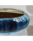 Vintage Shigaraki Style Low Blue Planter with Wide Opening