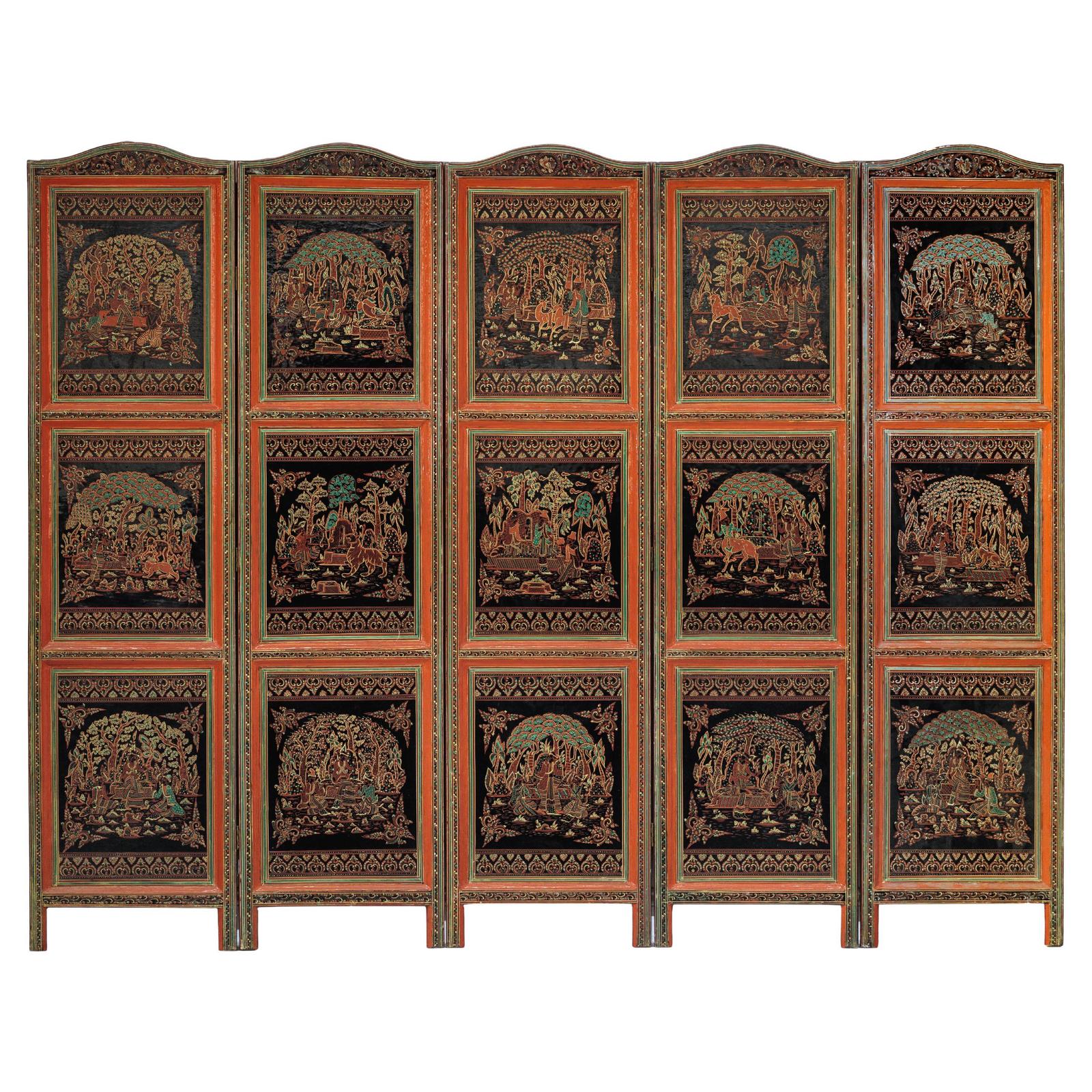 Vintage Thai Five-Panel Lacquered Screen with Gilt Figural and Animal Scenes-1. Asian & Chinese Furniture, Art, Antiques, Vintage Home Décor for sale at FEA Home