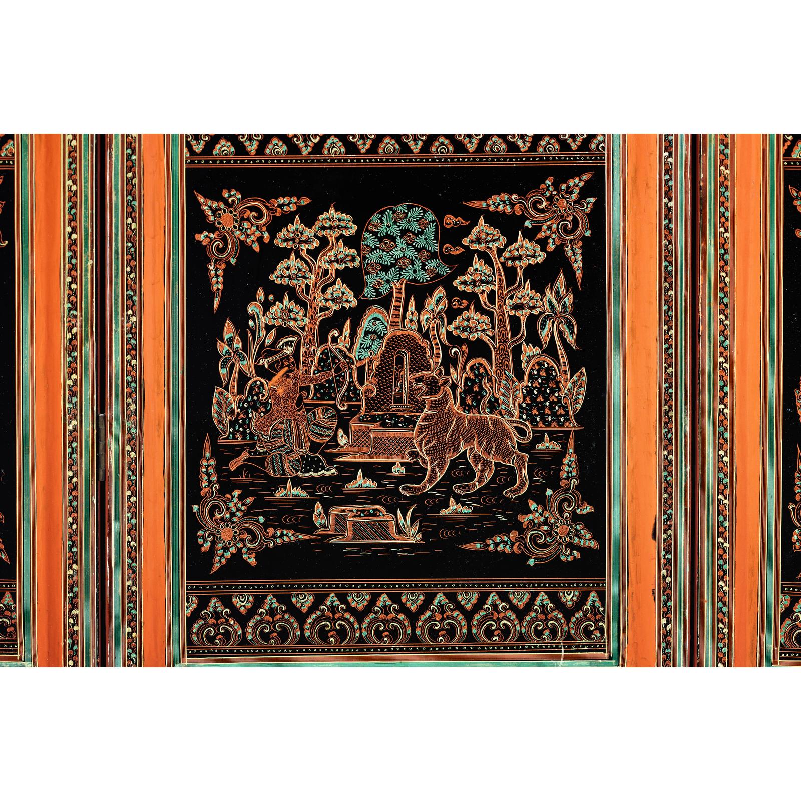Vintage Thai Five-Panel Lacquered Screen with Gilt Figural and Animal Scenes-10. Asian &amp; Chinese Furniture, Art, Antiques, Vintage Home Décor for sale at FEA Home