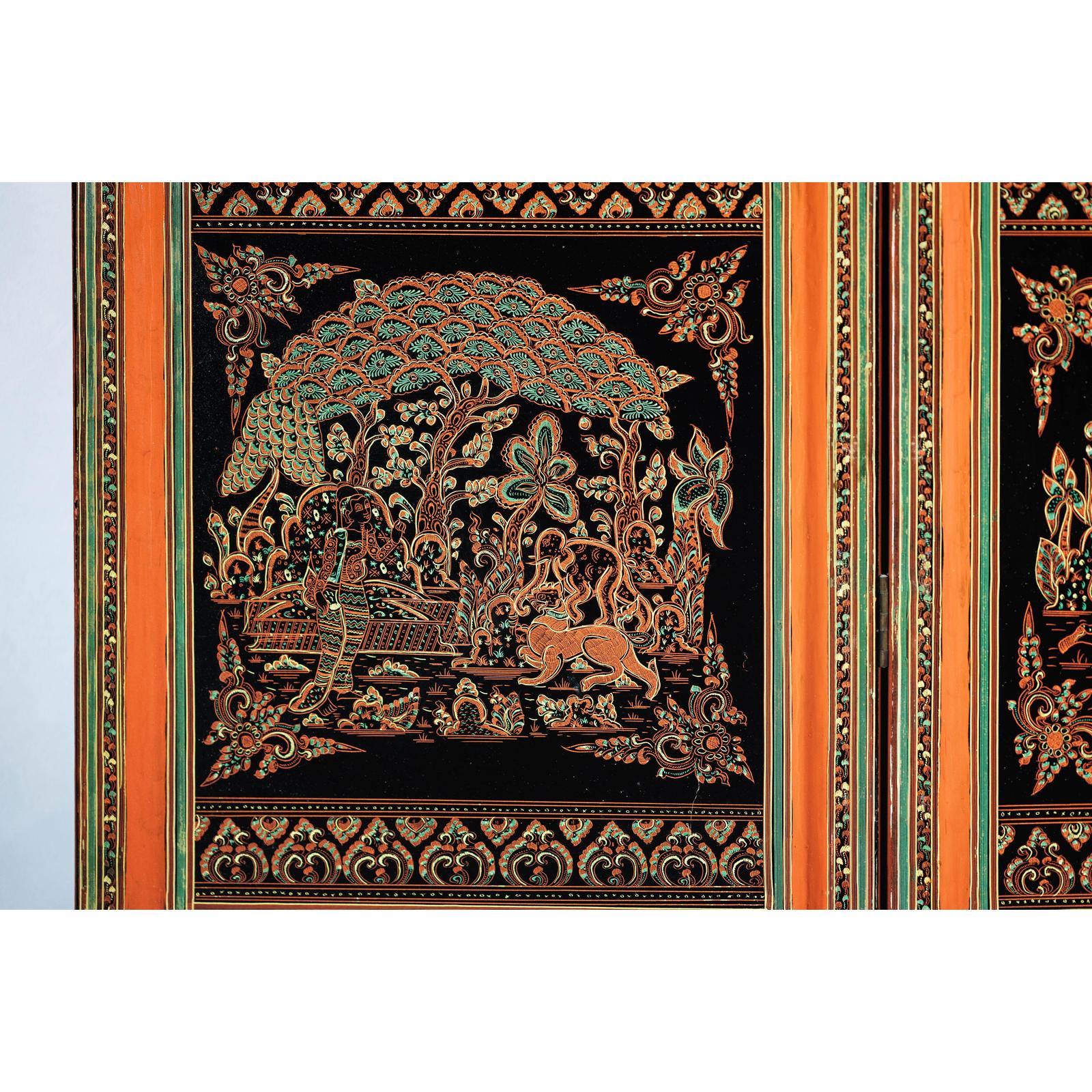 Vintage Thai Five-Panel Lacquered Screen with Gilt Figural and Animal Scenes-11. Asian &amp; Chinese Furniture, Art, Antiques, Vintage Home Décor for sale at FEA Home