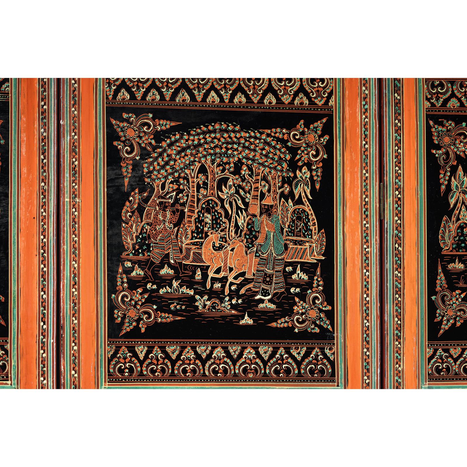 Vintage Thai Five-Panel Lacquered Screen with Gilt Figural and Animal Scenes-12. Asian &amp; Chinese Furniture, Art, Antiques, Vintage Home Décor for sale at FEA Home