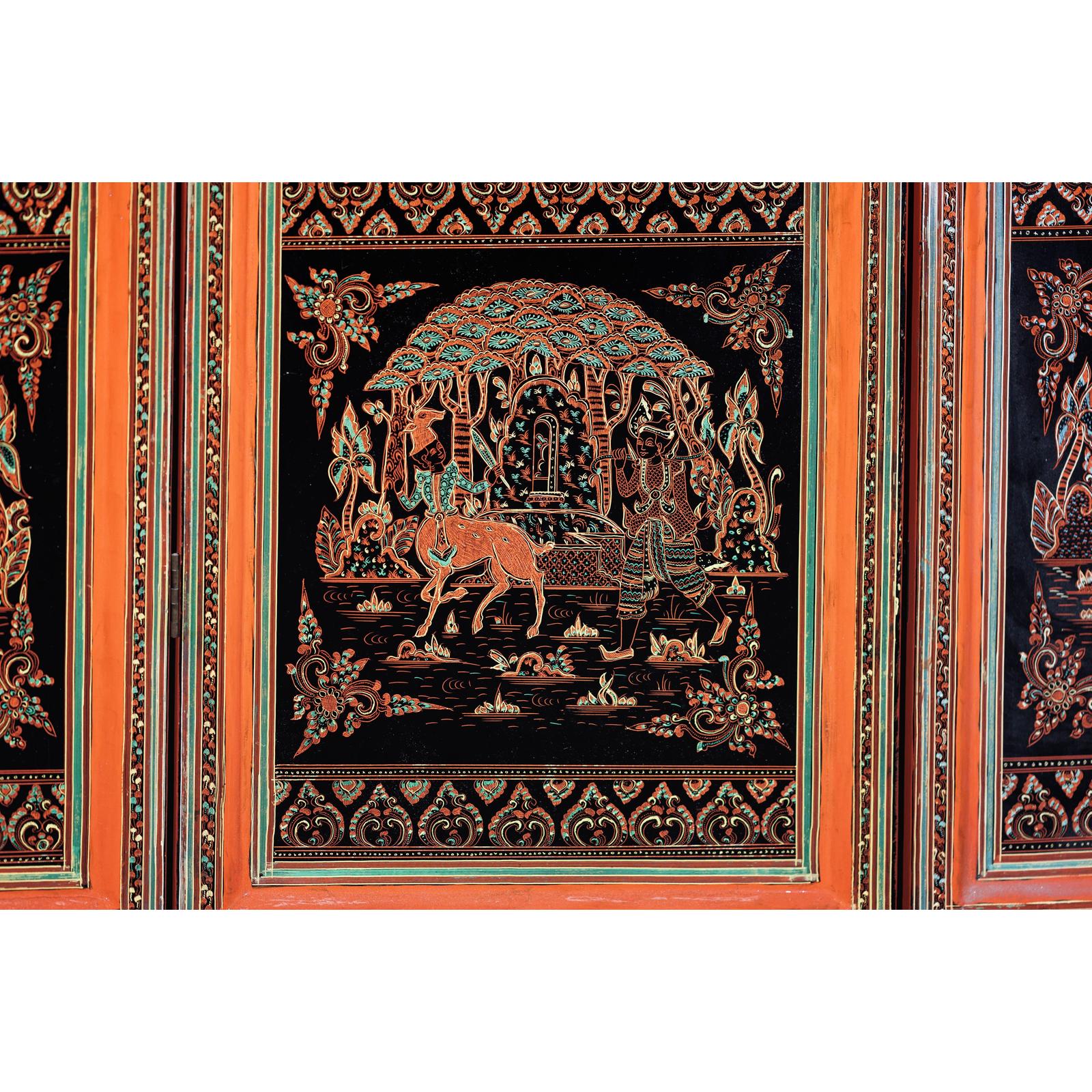 Vintage Thai Five-Panel Lacquered Screen with Gilt Figural and Animal Scenes-13. Asian &amp; Chinese Furniture, Art, Antiques, Vintage Home Décor for sale at FEA Home
