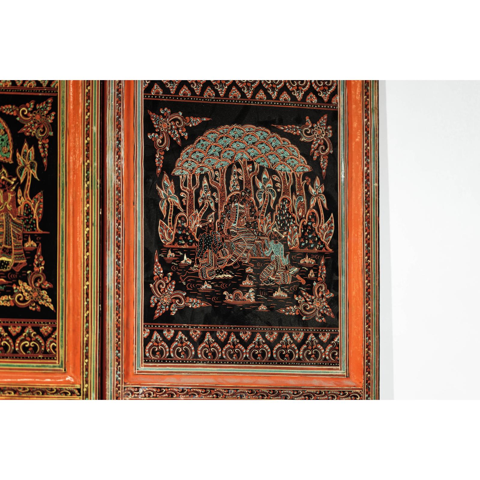 Vintage Thai Five-Panel Lacquered Screen with Gilt Figural and Animal Scenes-14. Asian &amp; Chinese Furniture, Art, Antiques, Vintage Home Décor for sale at FEA Home