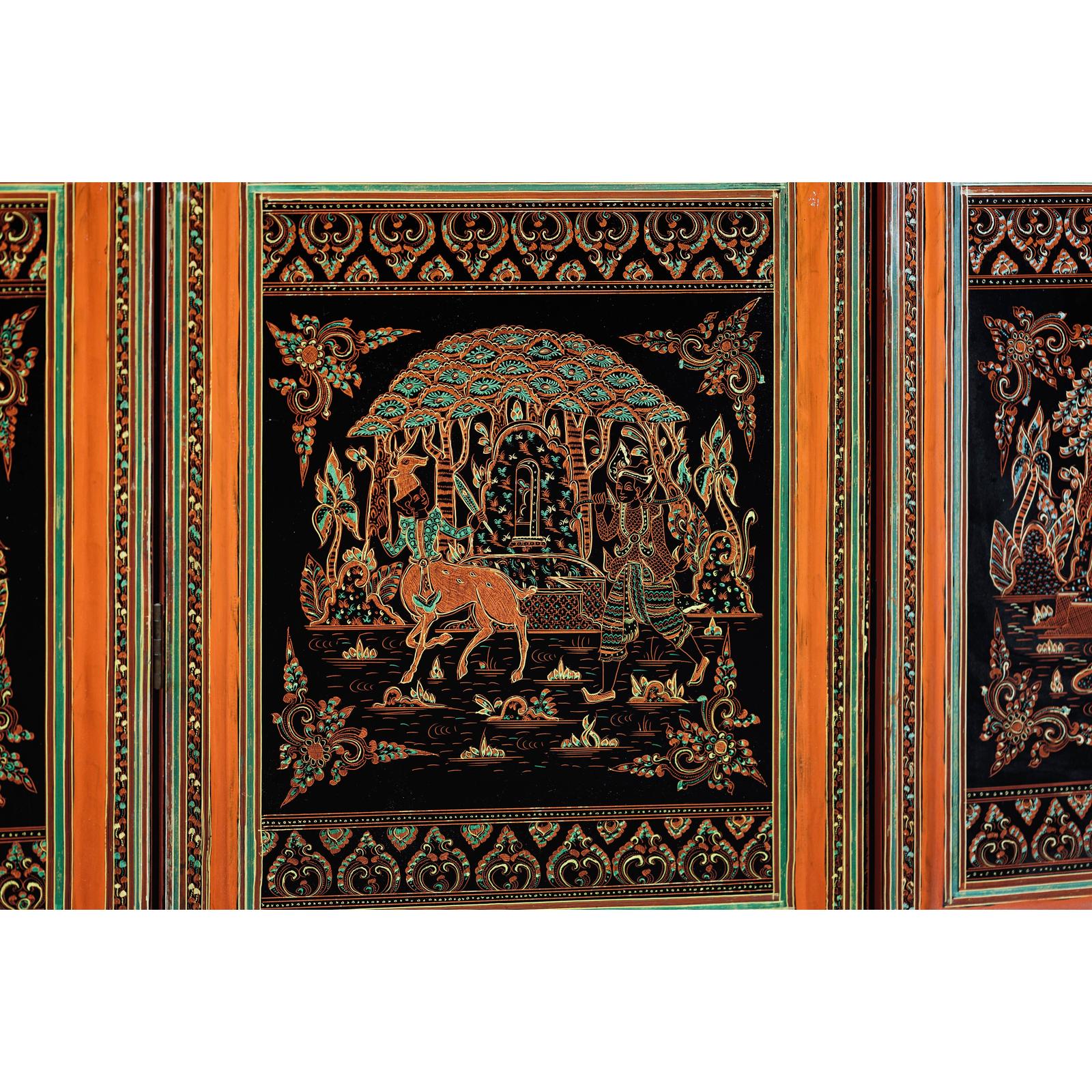 Vintage Thai Five-Panel Lacquered Screen with Gilt Figural and Animal Scenes-15. Asian &amp; Chinese Furniture, Art, Antiques, Vintage Home Décor for sale at FEA Home